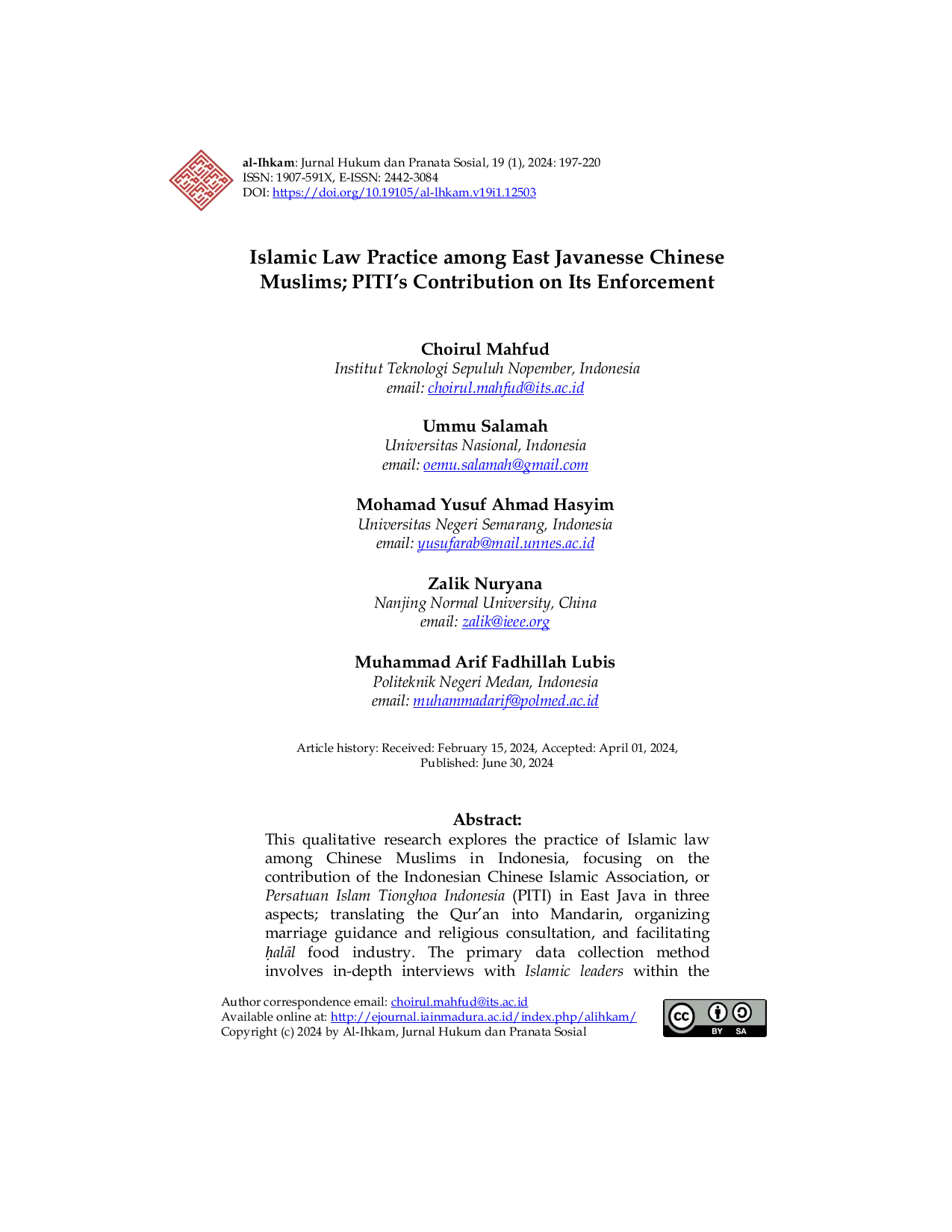 JURIS Islamic Law Practice among East Javanesse Chinese Muslims PITI s Contribution on Its Enforcement