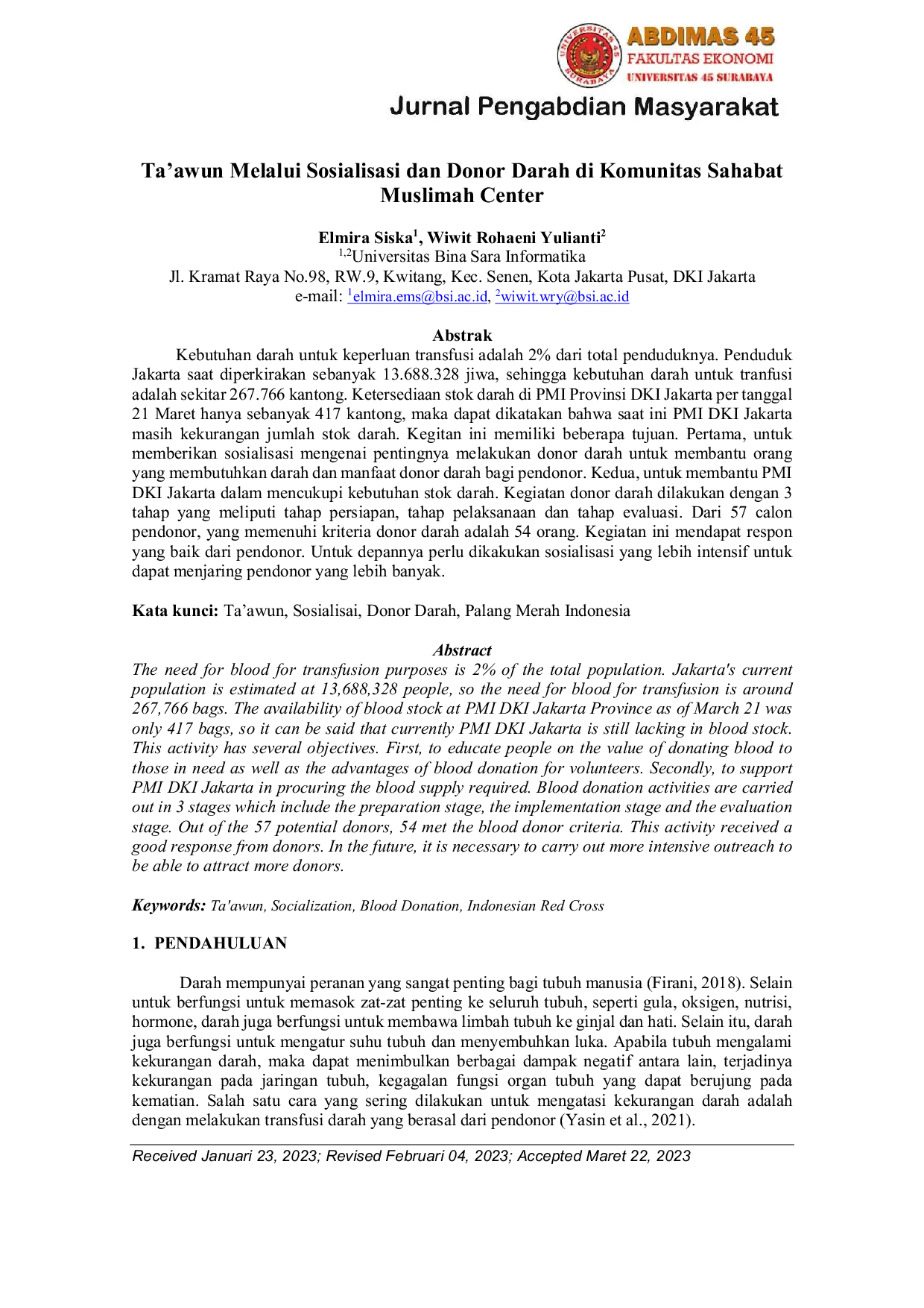 JURIS Ta awun Melalui Sosialisasi Dan Donor Darah Di Komunitas Sahabat Muslimah Center