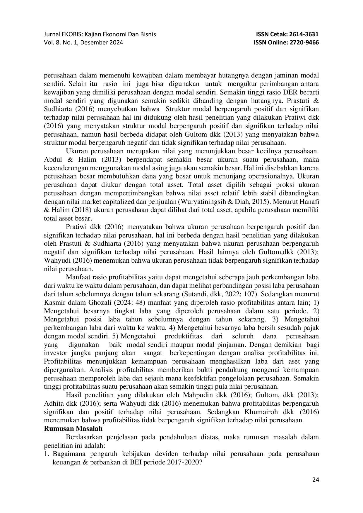 juris Pengaruh Kebijakan Dividen Struktur Modal Ukuran Perusahaan Dan Profitabilitas Terhadap Nilai Perusahaan Pada Perusahaan Keuangan Dan Perbankan Di Bursa Efek Indonesia Periode 2017 2020