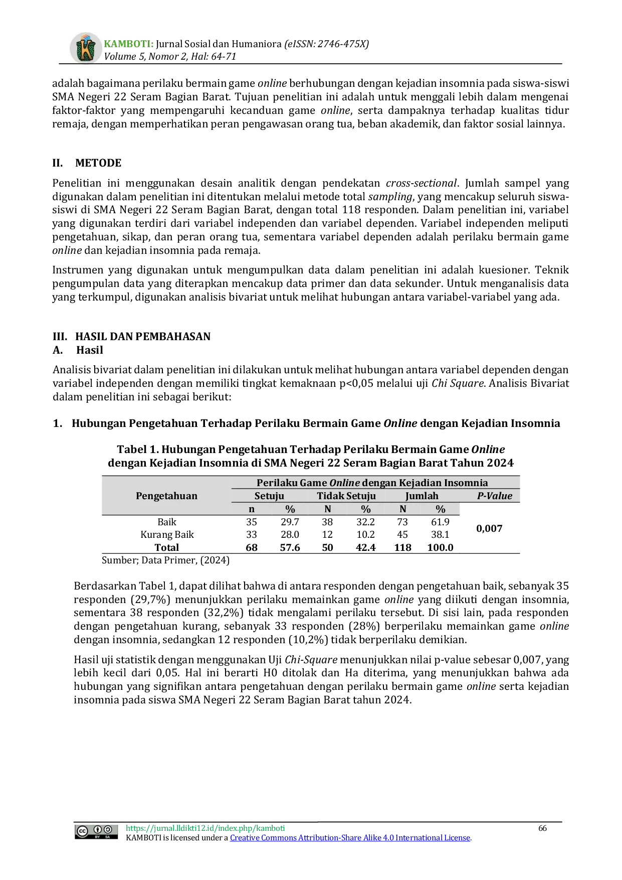 JURIS Peran Pengetahuan Sikap dan Pengawasan Orang Tua dalam Mengatasi Insomnia pada Remaja Akibat Kecanduan Game Online