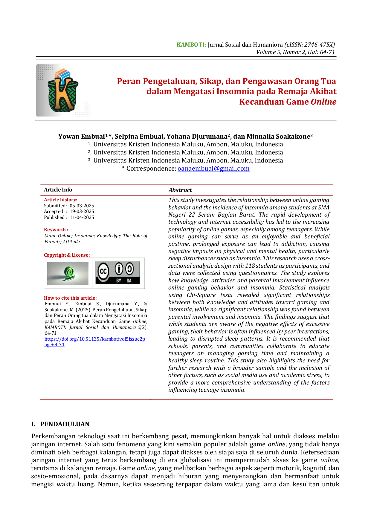 JURIS Peran Pengetahuan Sikap dan Pengawasan Orang Tua dalam Mengatasi Insomnia pada Remaja Akibat Kecanduan Game Online