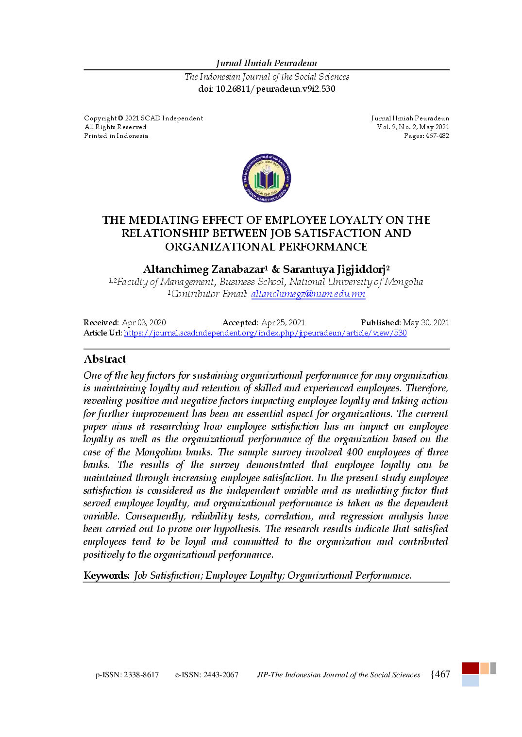 juris The Mediating Effect of Employee Loyalty on the Relationship Between Job Satisfaction and Organizational Performance