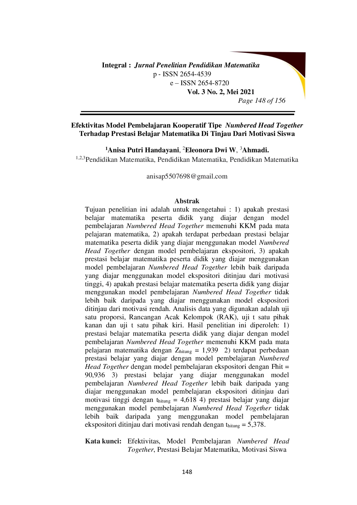 JURIS Efektivitas Model Pembelajaran Kooperatif Tipe Numbered Head Together Terhadap Prestasi Belajar Matematika Ditinjau Dari Motivasi Siswa