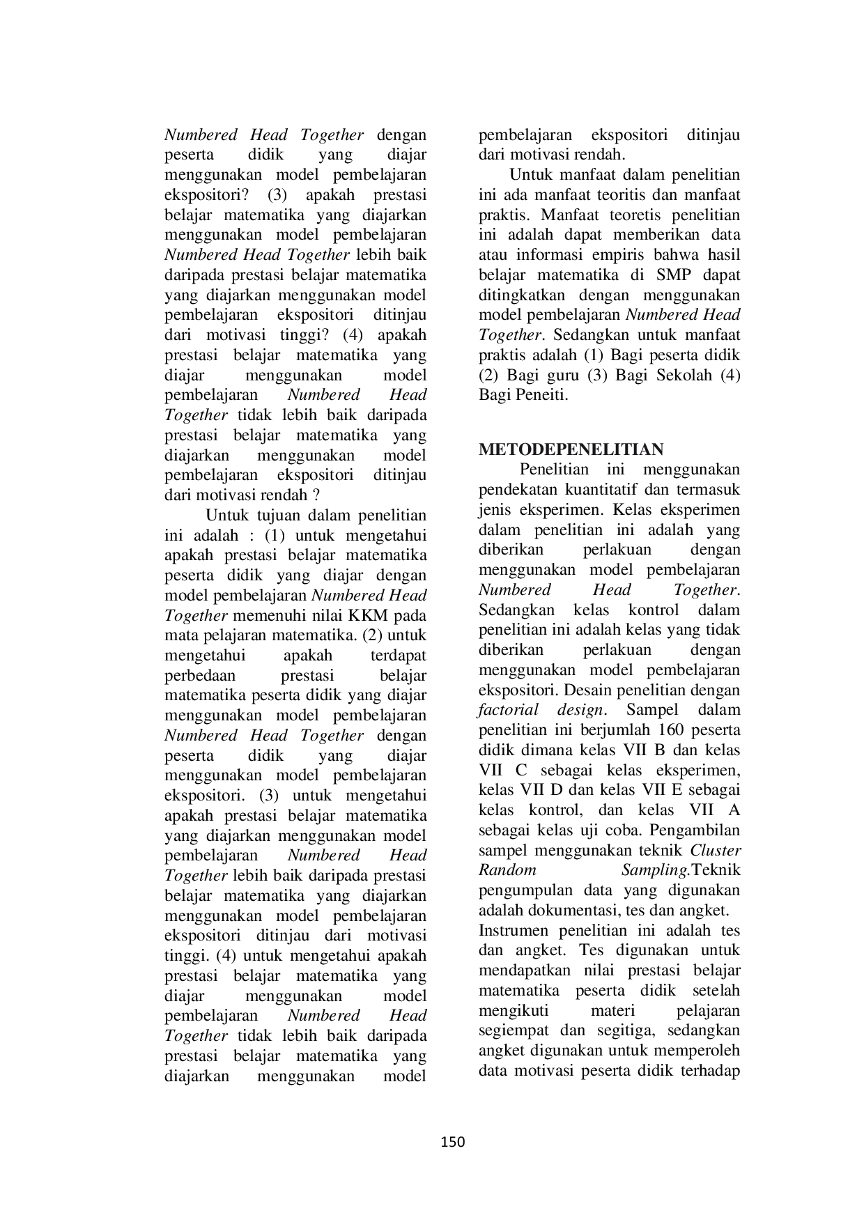 JURIS Efektivitas Model Pembelajaran Kooperatif Tipe Numbered Head Together Terhadap Prestasi Belajar Matematika Ditinjau Dari Motivasi Siswa