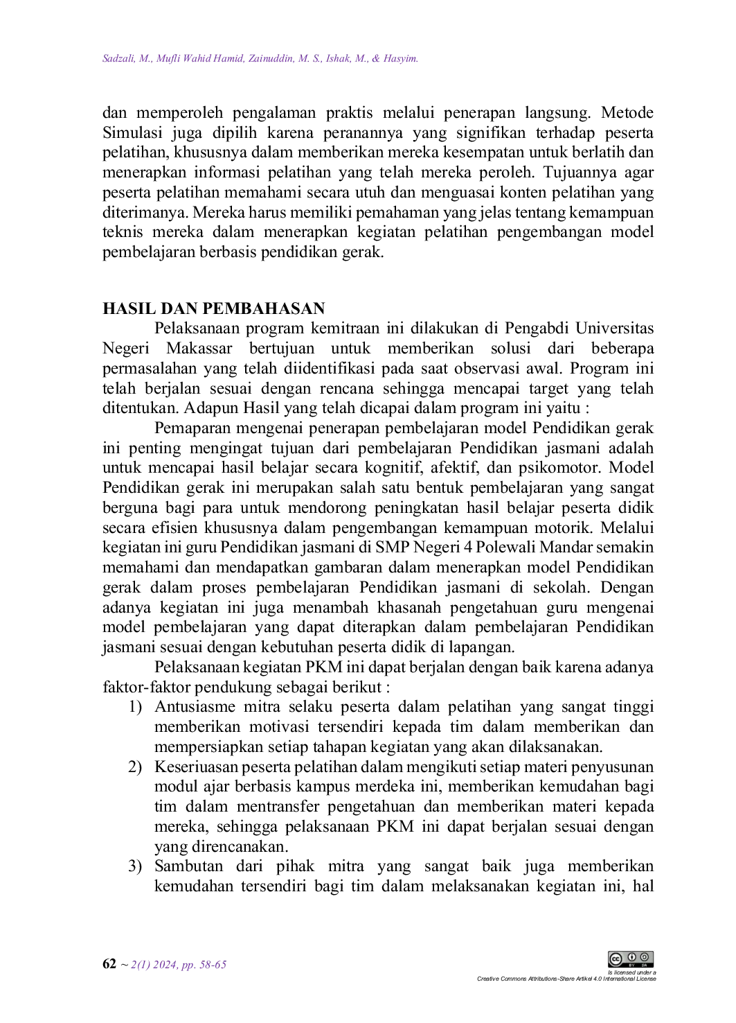 JURIS Pelatihan Penerapan Model Pendidikan Gerak Pada Guru Pendidikan Jasmani Olahraga Dan Kesehatan SMP Negeri 4 Polewali