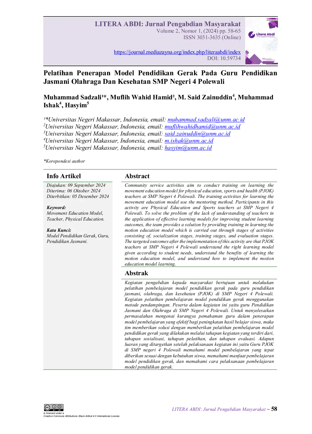 JURIS Pelatihan Penerapan Model Pendidikan Gerak Pada Guru Pendidikan Jasmani Olahraga Dan Kesehatan SMP Negeri 4 Polewali