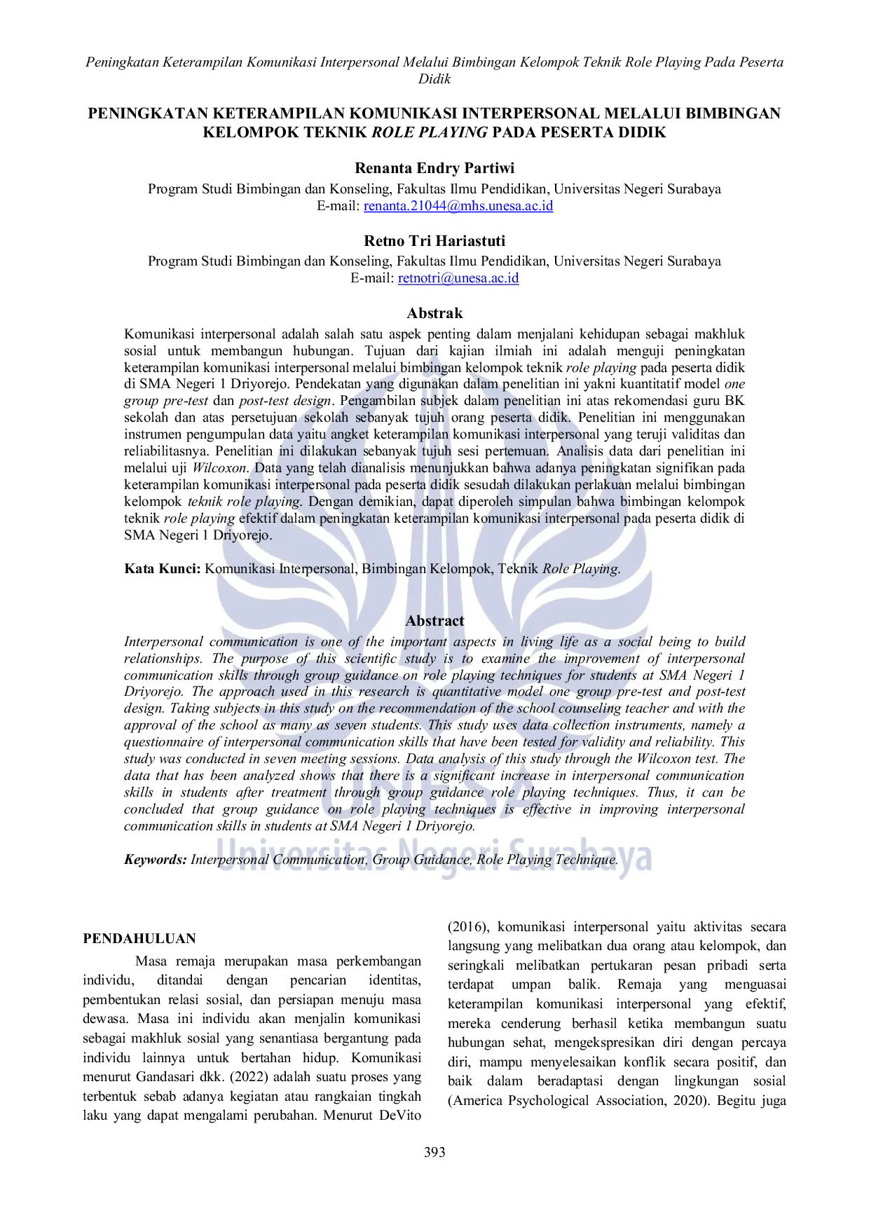 JURIS Peningkatan Keterampilan Komunikasi Interpersonal Melalui Bimbingan Kelompok Teknik Role Playing Pada Peserta Didik
