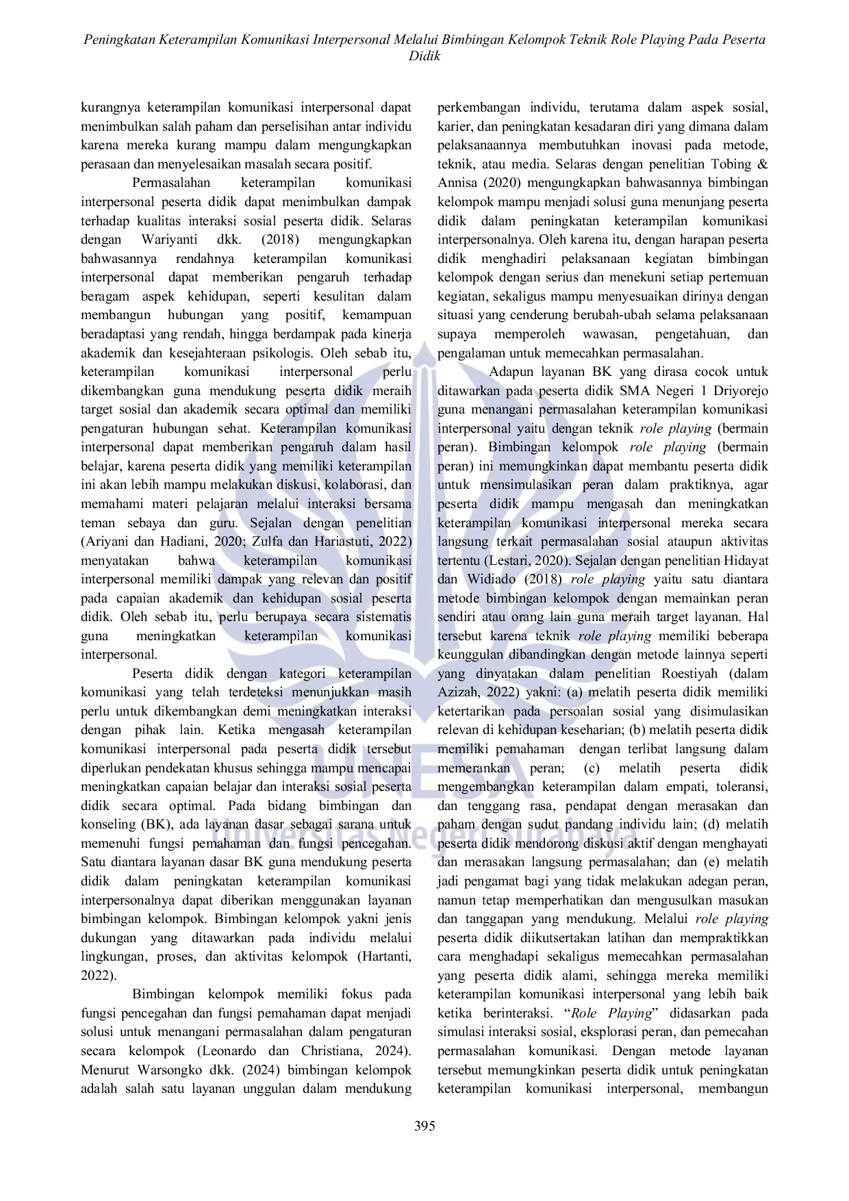 JURIS Peningkatan Keterampilan Komunikasi Interpersonal Melalui Bimbingan Kelompok Teknik Role Playing Pada Peserta Didik