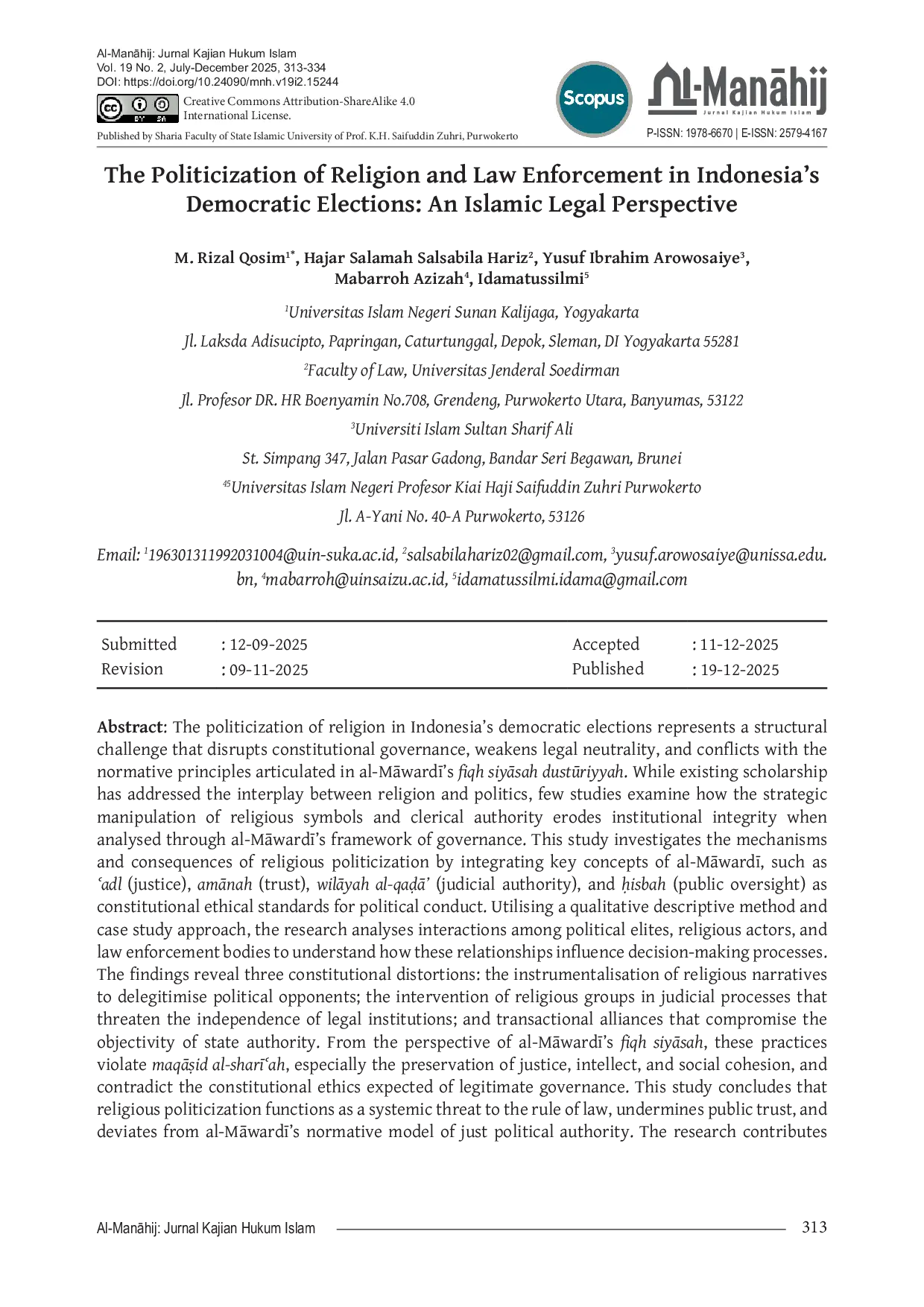 JURIS The Politicization of Religion and Law Enforcement in Indonesia s Democratic Elections An Islamic Legal Perspective