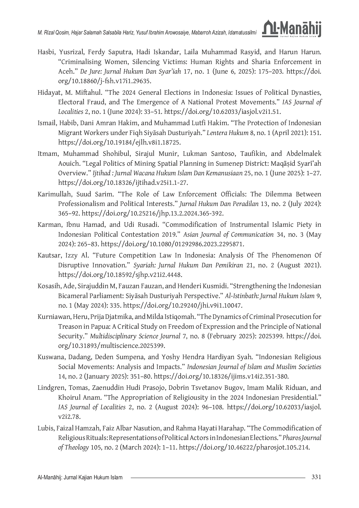 JURIS The Politicization of Religion and Law Enforcement in Indonesia s Democratic Elections An Islamic Legal Perspective