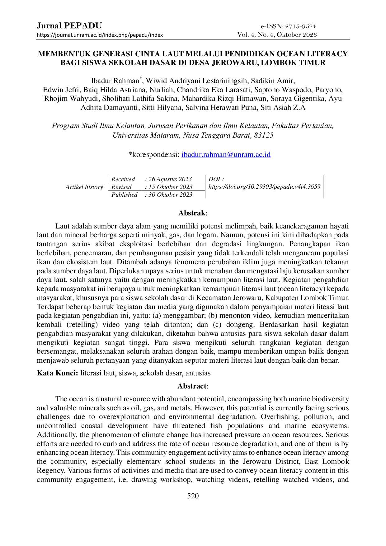 JURIS Membentuk Generasi Cinta Laut Melalui Pendidikan Ocean Literacy Bagi Siswa Sekolah Dasar Di Desa Jerowaru Lombok Timur