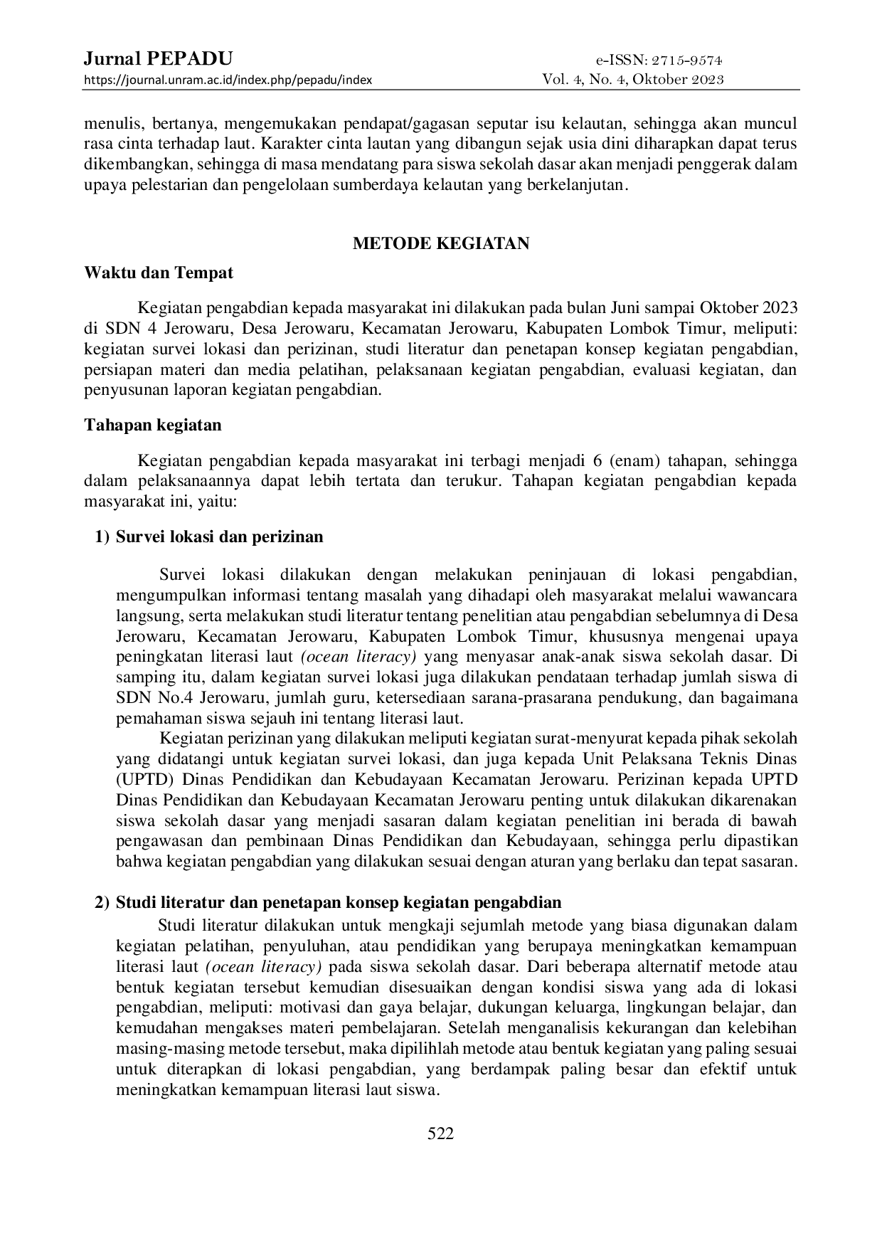 JURIS Membentuk Generasi Cinta Laut Melalui Pendidikan Ocean Literacy Bagi Siswa Sekolah Dasar Di Desa Jerowaru Lombok Timur