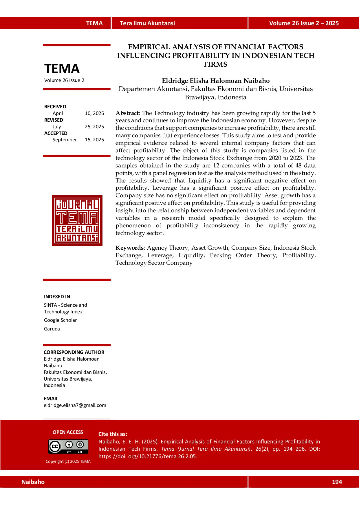 JURIS Empirical Analysis of Financial Factors Influencing Profitability in Indonesian Tech Firms