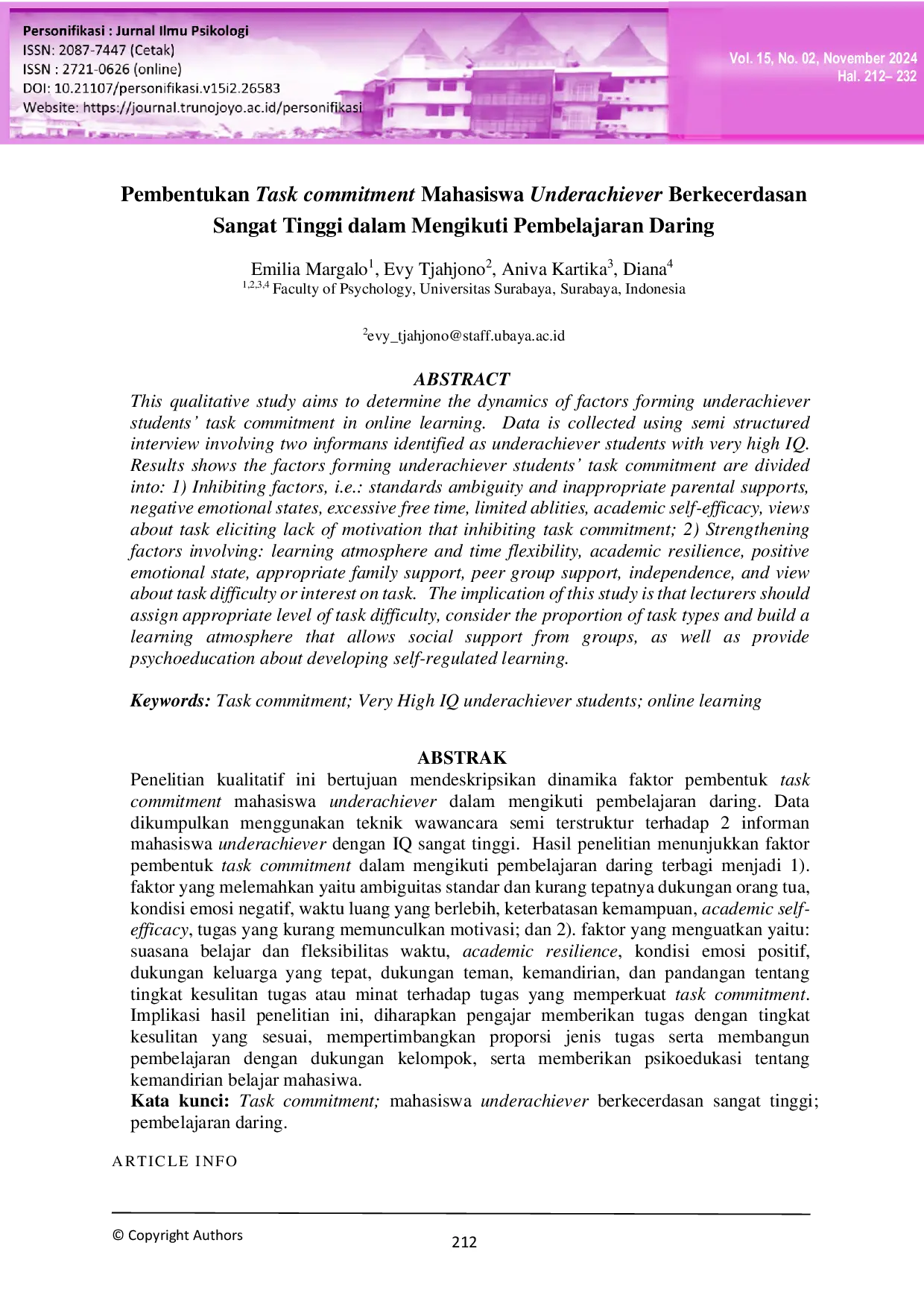 JURIS Pembentukan Task Commitment Mahasiswa Underachiever Berkecerdasan Sangat Tinggi dalam Mengikuti Pembelajaran Daring