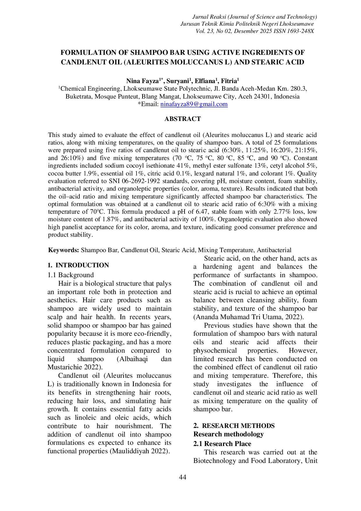 JURIS Formulation of Shampoo Bar Using Active Ingredients of Candlenut Oil Aleurites Moluccanus L and Stearic Acid