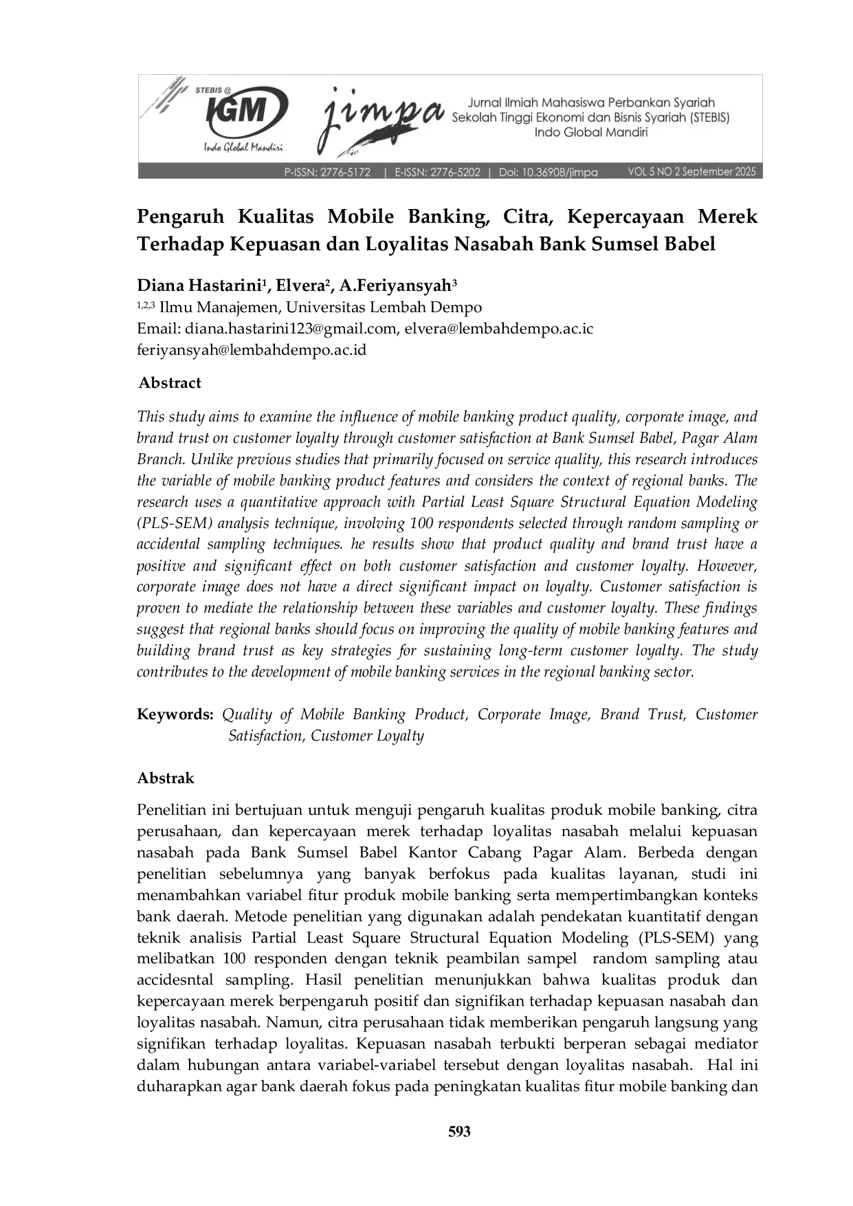JURIS Pengaruh Kualitas Mobile Banking Citra Kepercayaan Merek Terhadap Kepuasan dan Loyalitas Nasabah Bank Sumsel Babel