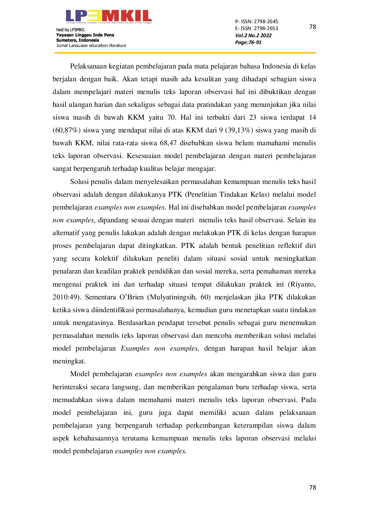 JURIS Optimalisasi Model Pembelajaran Examples Non Examples Sebagai Upaya Peningkatan Menulis Teks Laporan Observasi pada Siswa Kelas IX SMP Negeri Karangpangung