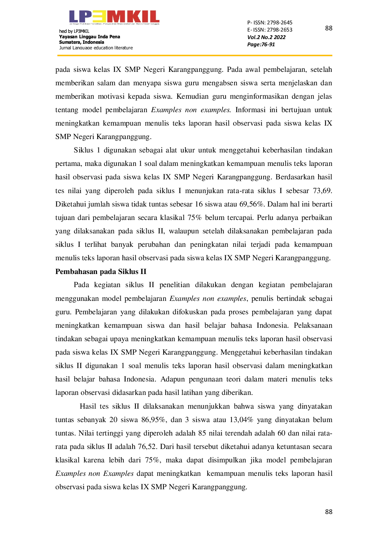 JURIS Optimalisasi Model Pembelajaran Examples Non Examples Sebagai Upaya Peningkatan Menulis Teks Laporan Observasi pada Siswa Kelas IX SMP Negeri Karangpangung