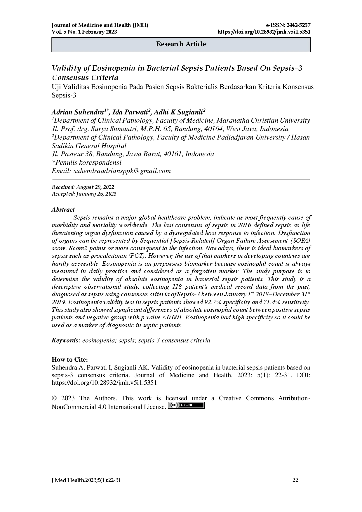 juris Uji Validitas Eosinopenia Pada Pasien Sepsis Berdasarkan Kriteria Konsensus Sepsis 3