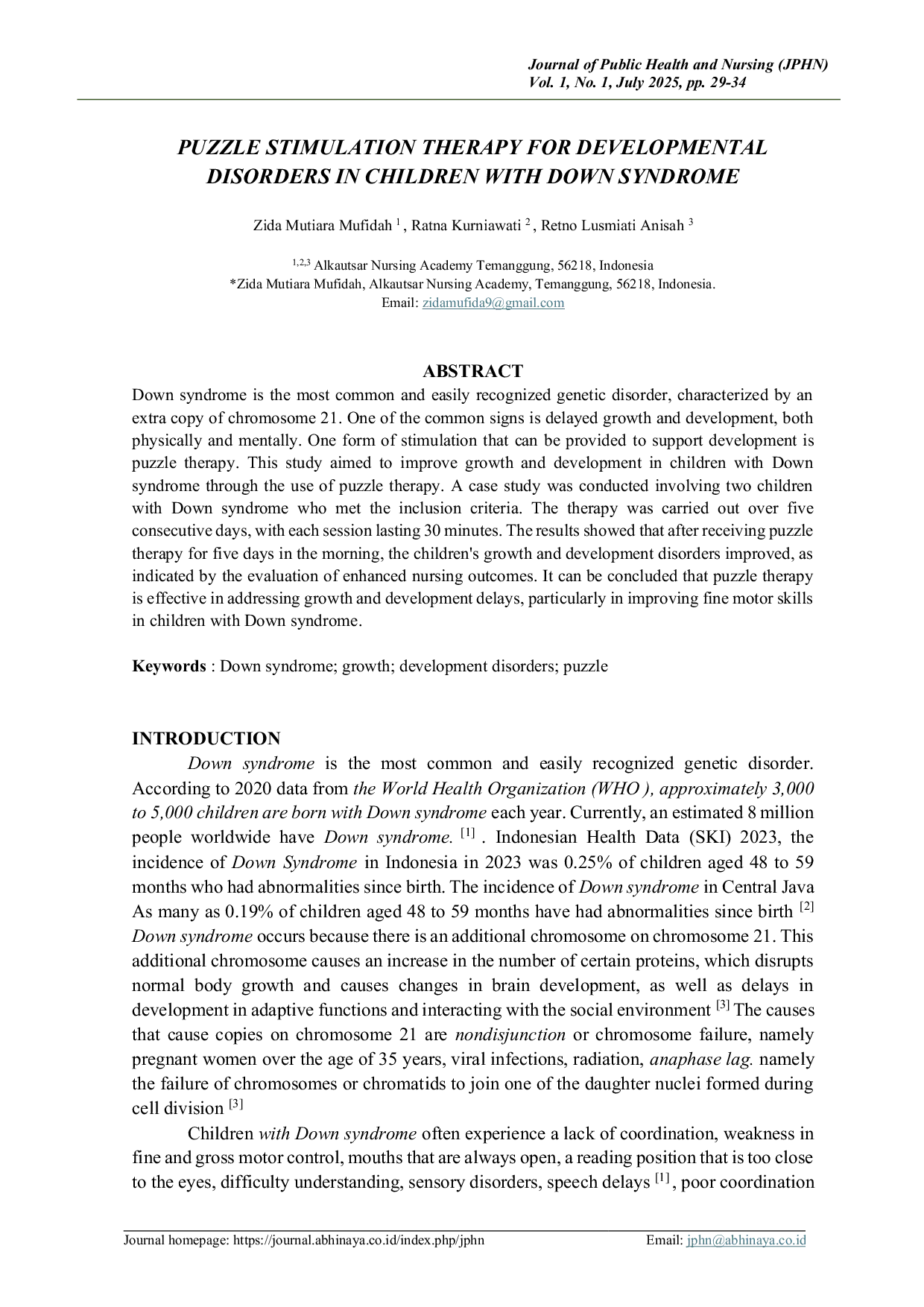 JURIS Puzzle Stimulation Therapy For Developmental Disorders in Children With Down Syndrome