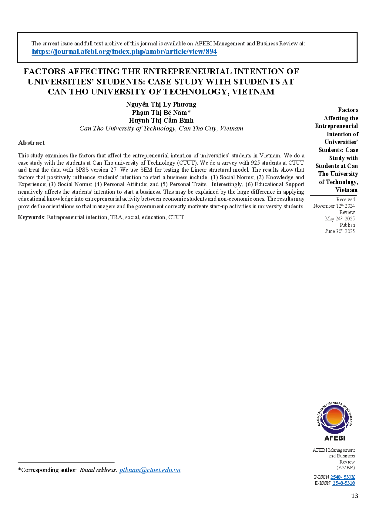 juris Factors affecting the Entrepreneurial Intention of Universities Students Case study with Students at Can Tho University of Technology Vietnam