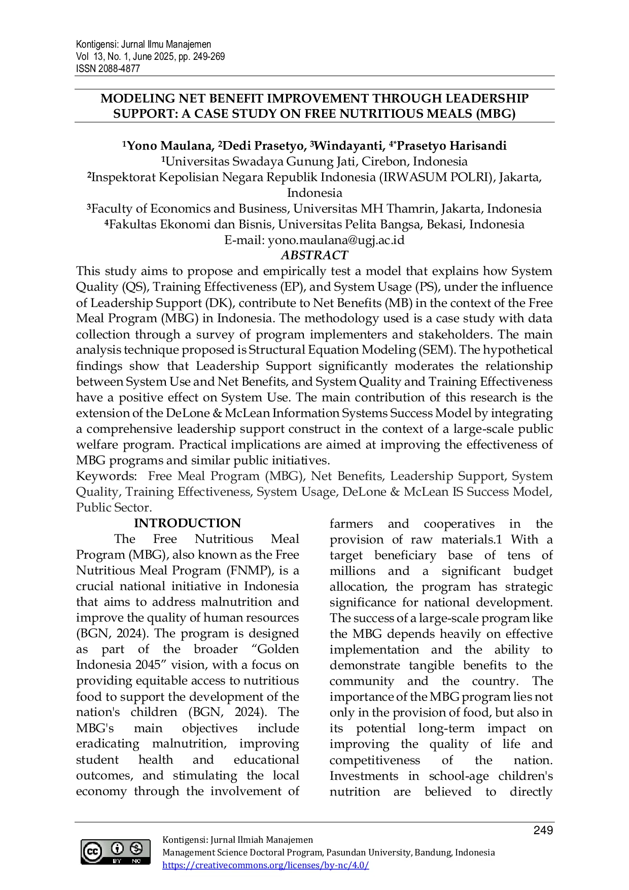 JURIS Modeling Net Benefit Improvement Through Leadership Support A Case Study on Free Nutritious Meals MBG