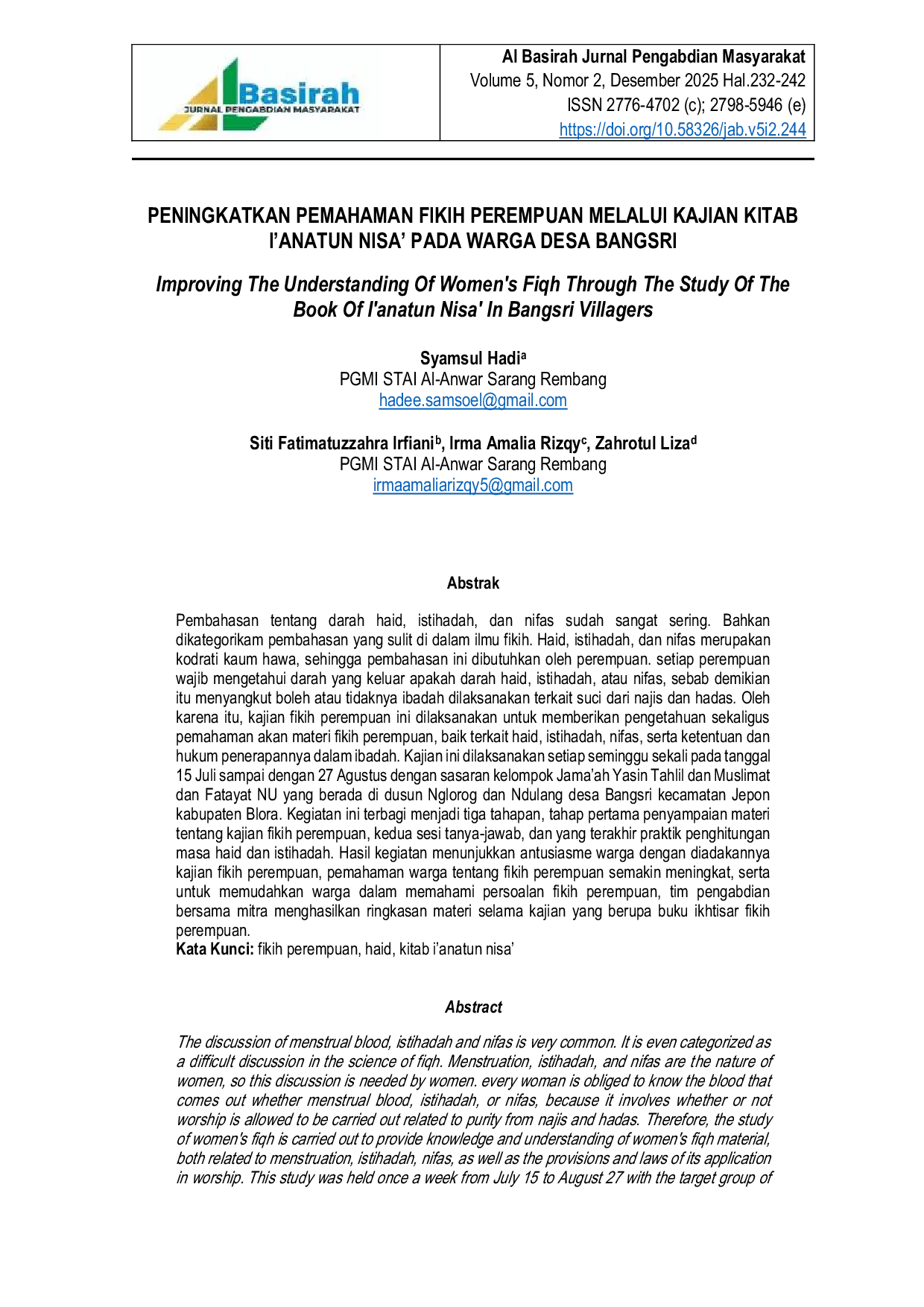 JURIS Peningkatan Pemahaman Fikih Perempuan Melalui Kajian Kitab I Anatun Nisa Pada Warga Desa Bangsri
