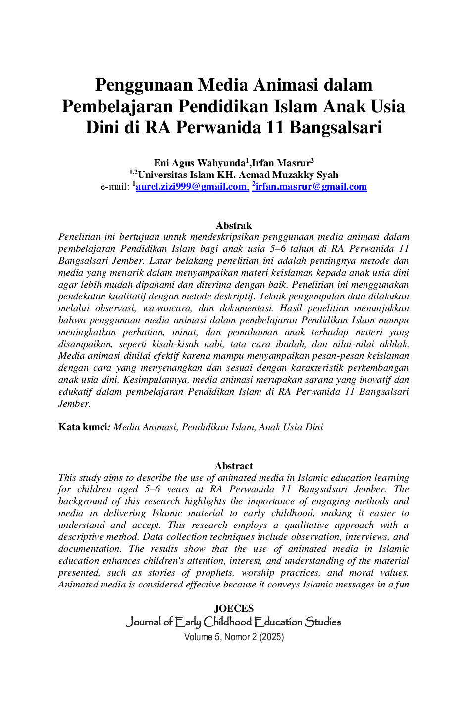 JURIS Penggunaan Media Animasi dalam Pembelajaran Pendidikan Islam Anak Usia 5 6 Tahun di RA Perwanida 11 Bangsalsari Jember