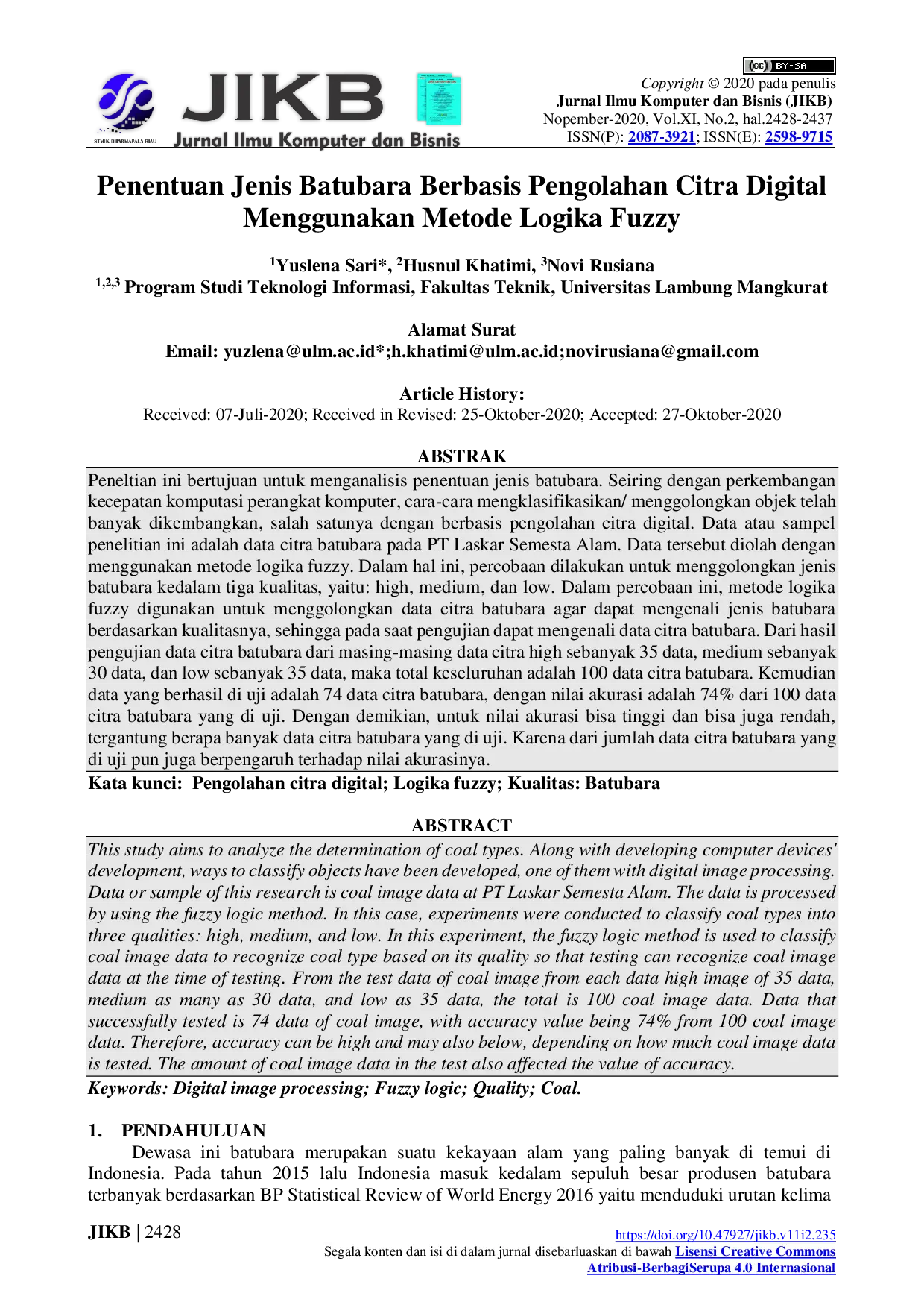 juris Penentuan Jenis Batubara Berbasis Pengolahan Citra Digital Menggunakan Metode Logika Fuzzy
