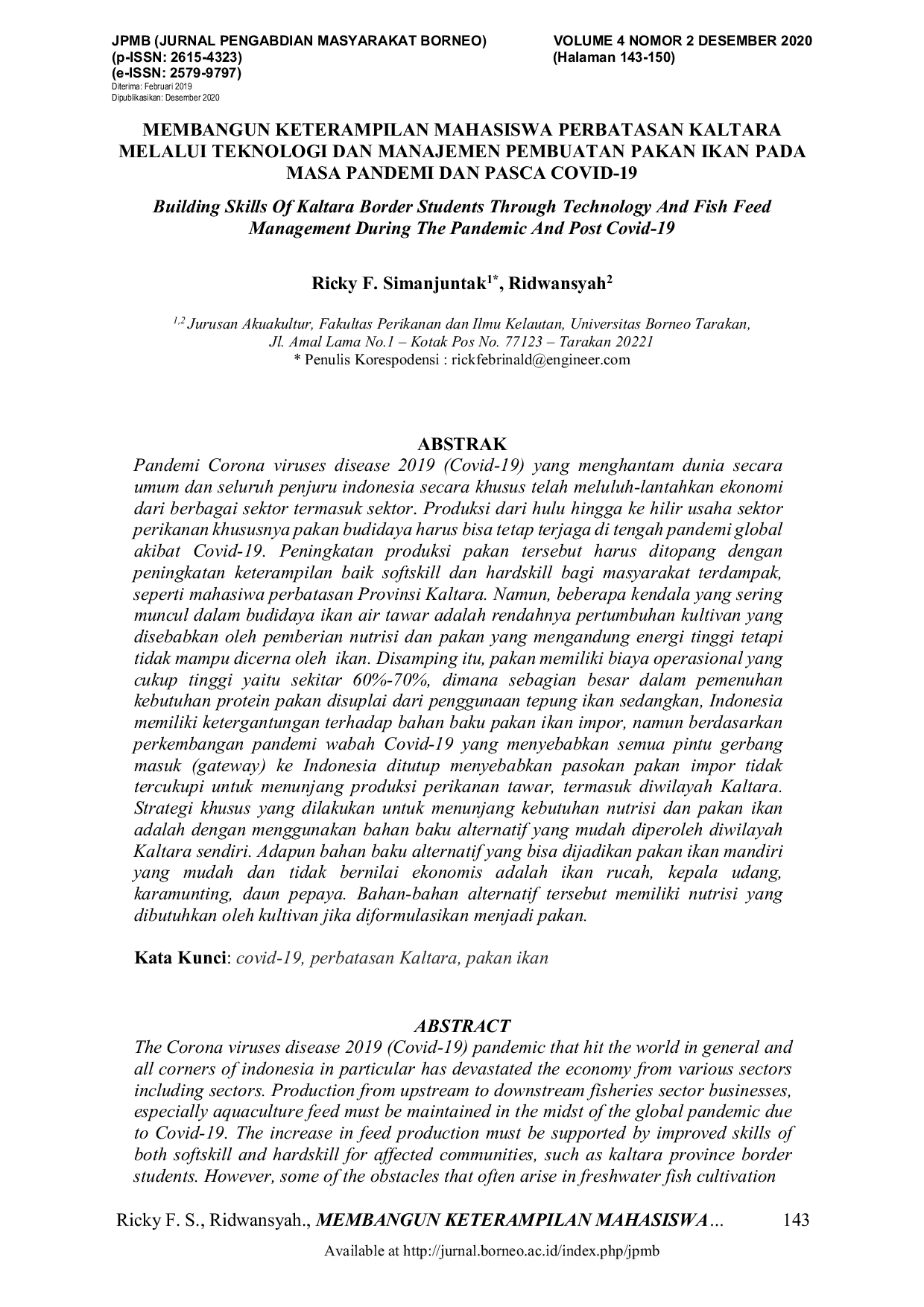 JURIS Membangun Keterampilan Mahasiswa Perbatasan Kaltara Melalui Teknologi Dan Manajemen Pembuatan Pakan Ikan Pada Masa Pandemi Dan Pasca Covid 19