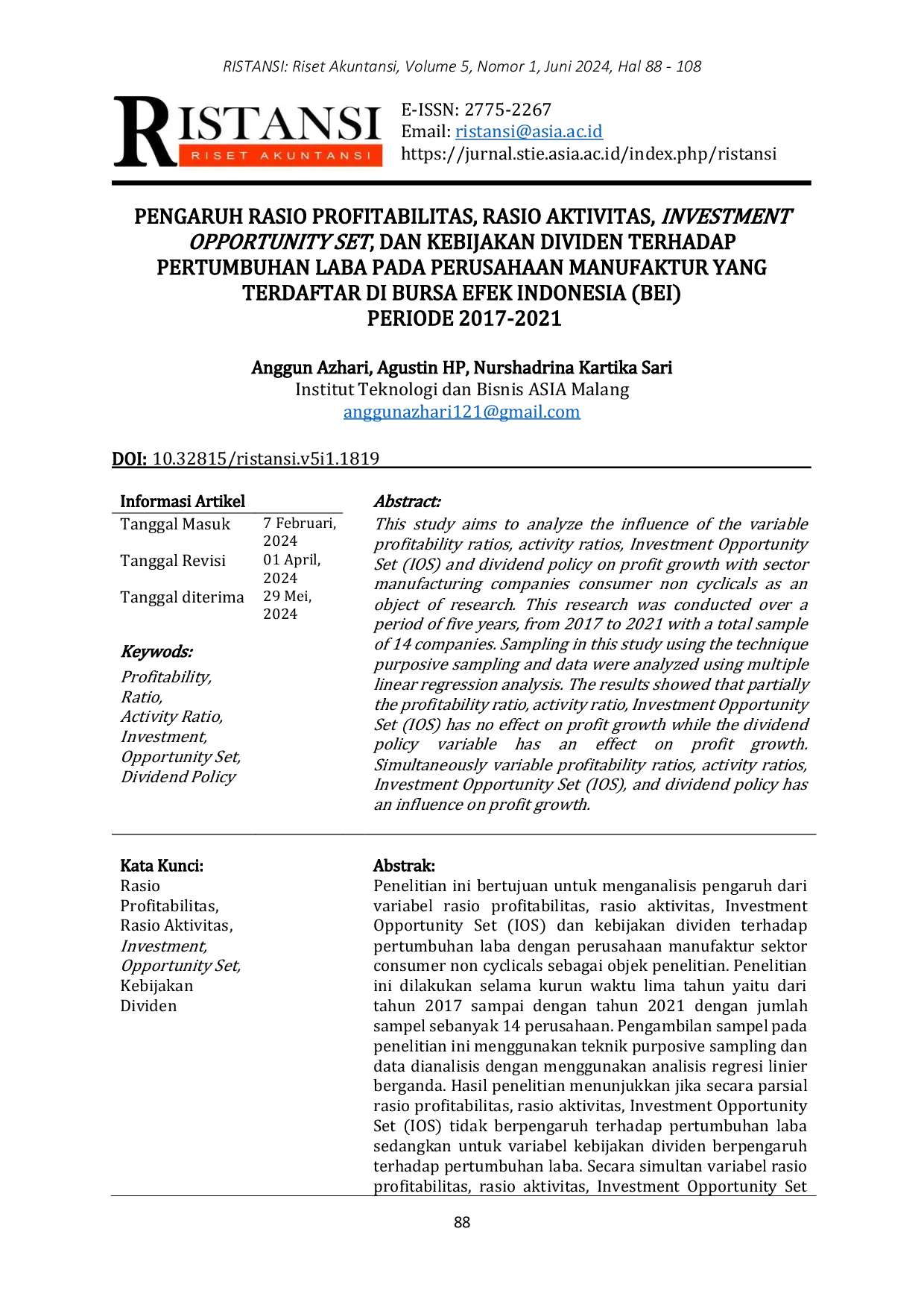 JURIS Pengaruh Rasio Profitabilitas Rasio Aktivitas Investment Opportunity Set Dan Kebijakan Dividen Terhadap Pertumbuhan Laba Pada Perusahaan Manufaktur Yang Terdaftar Di Bursa Efek Indonesia Bei Peri