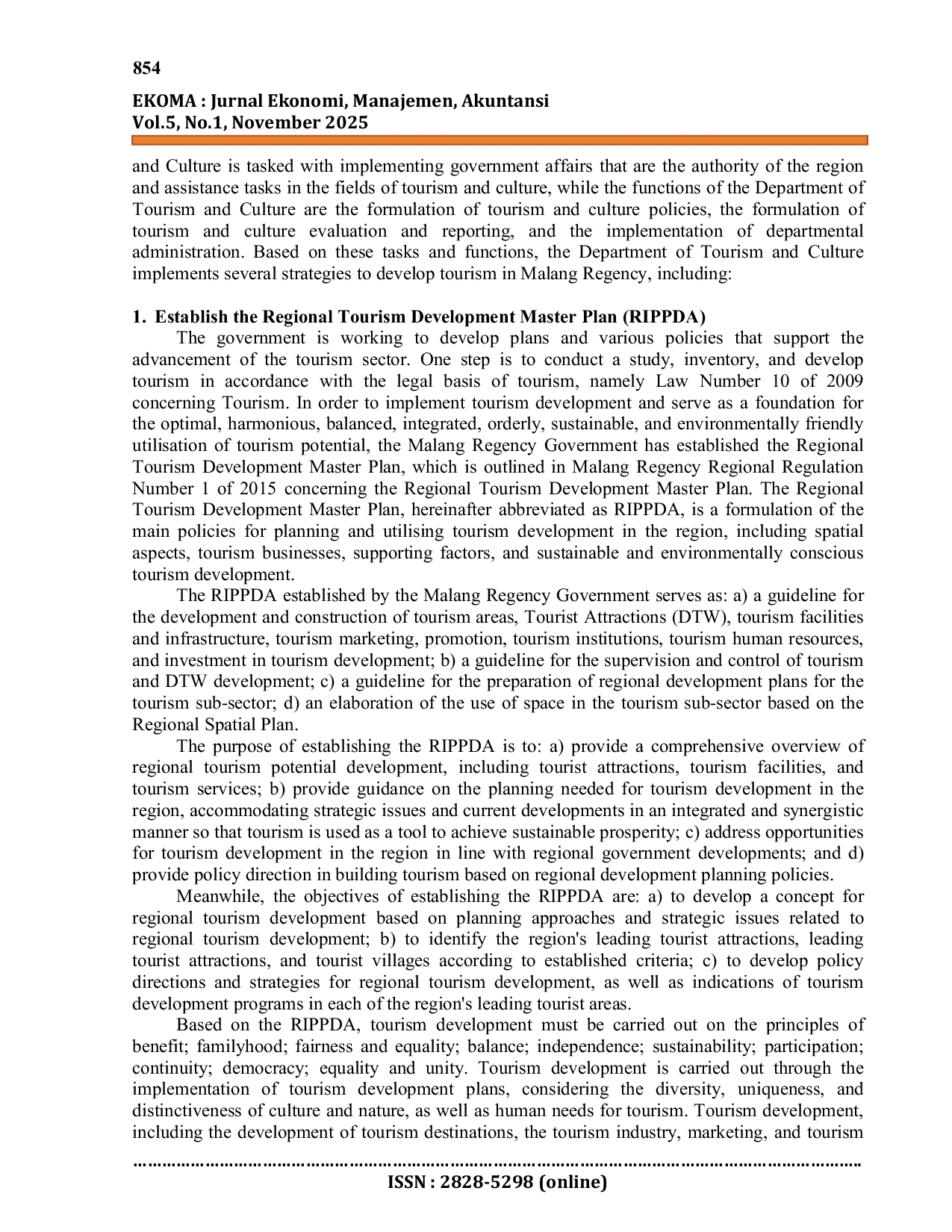 JURIS The Role of Government Tourism Authority in Managing Tourism Development at Malang Regency