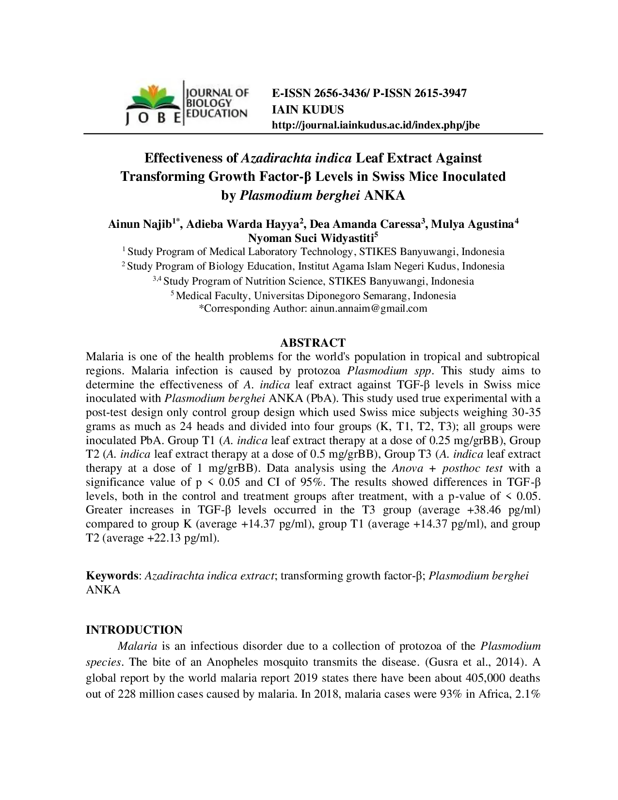 JURIS Effectiveness of Azadirachta Indica Leaf Extract Against Transforming Growth Factor Levels in Swiss Mice Inoculated by Plasmodium berghei ANKA
