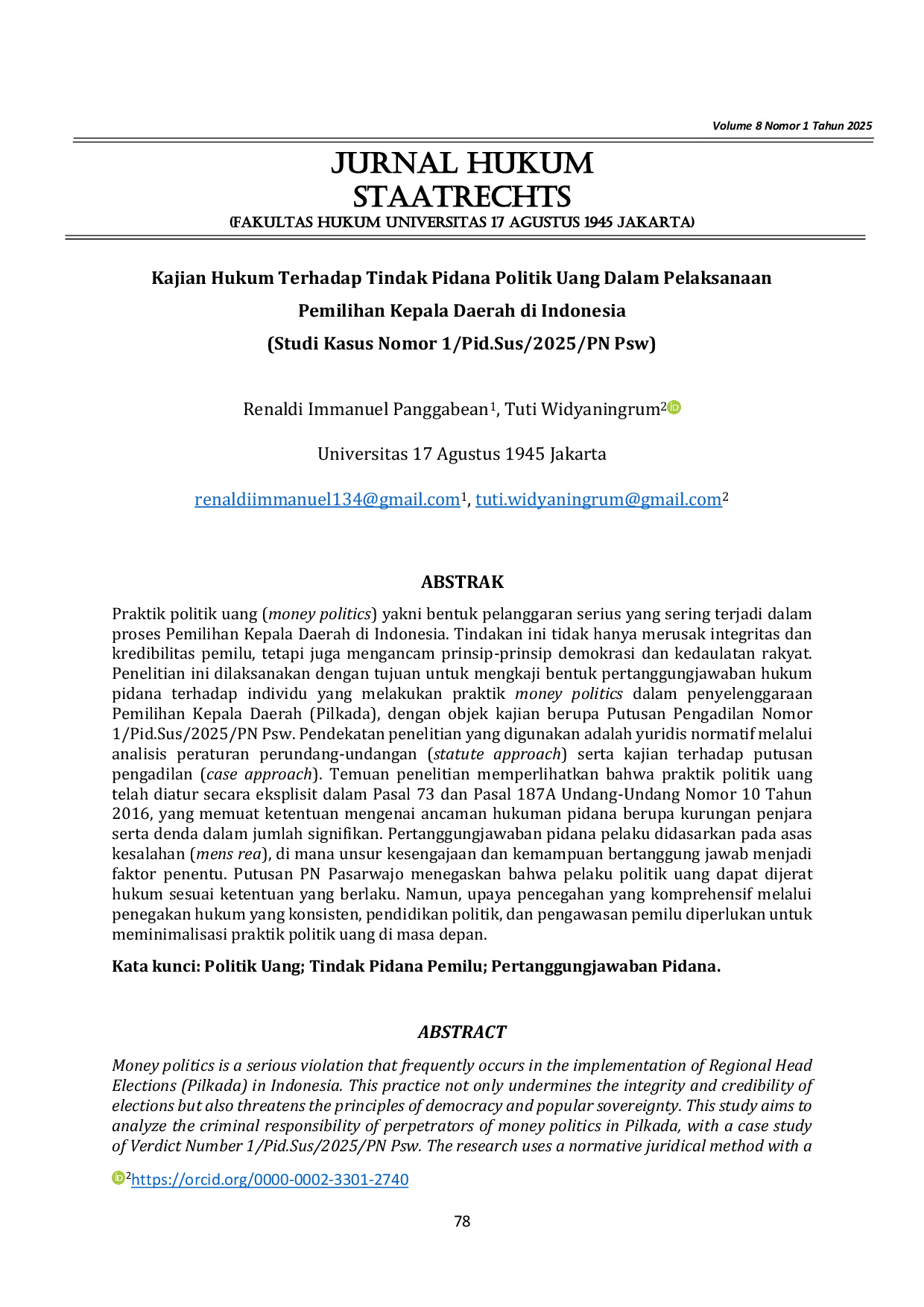 JURIS Kajian Hukum Terhadap Tindak Pidana Politik Uang Dalam Pelaksanaan Pemilihan Kepala Daerah di Indonesia Studi Kasus Nomor 1 Pid Sus 2025 PN Psw
