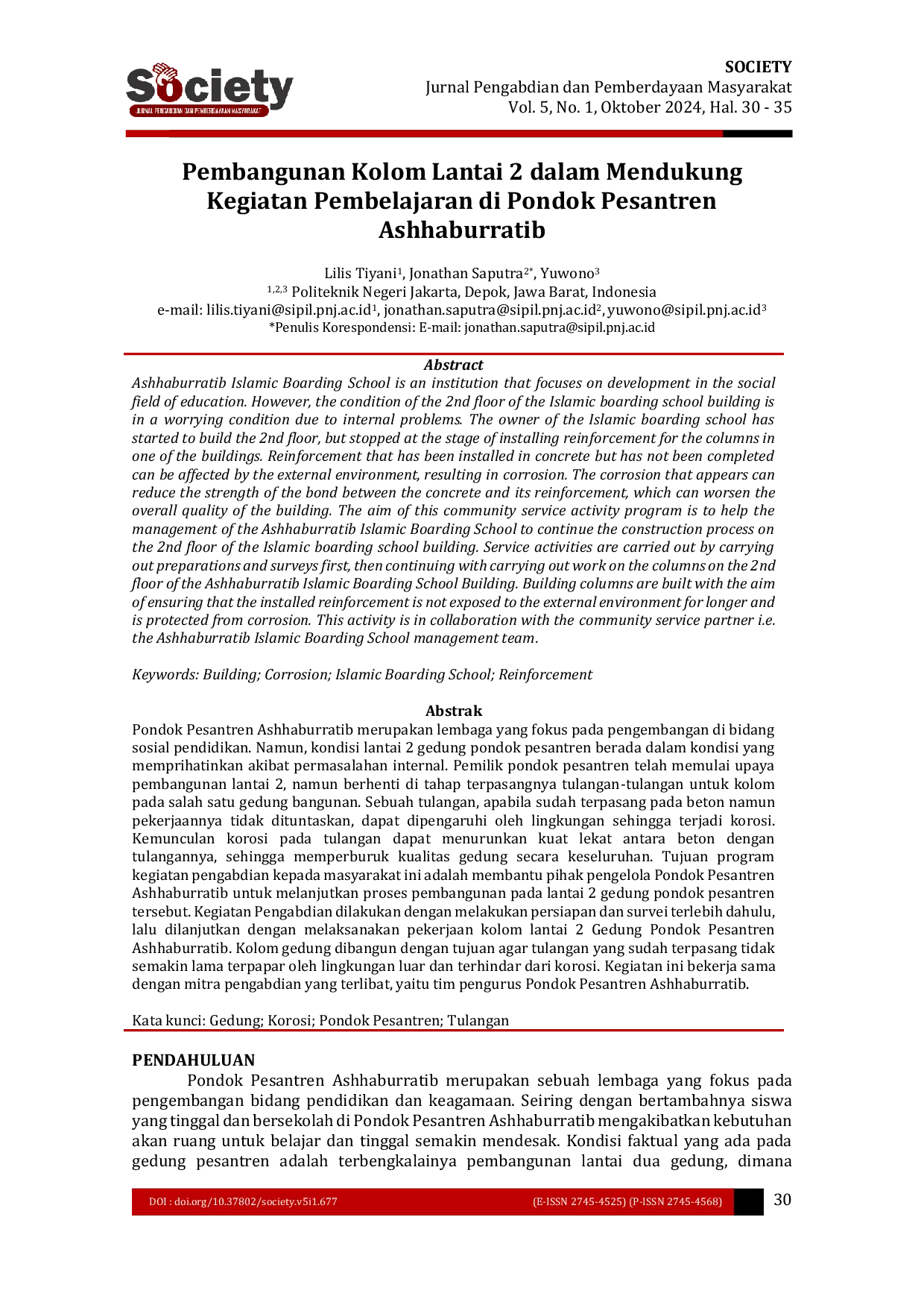 JURIS Pembangunan Kolom Lantai 2 dalam Mendukung Kegiatan Pembelajaran di Pondok Pesantren Ashhaburratib