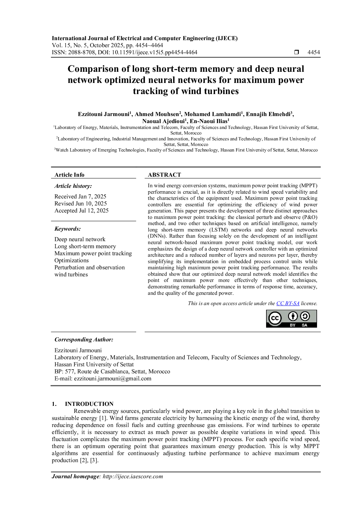 JURIS Comparison of long short term memory and deep neural network optimized neural networks for maximum power tracking of wind turbines