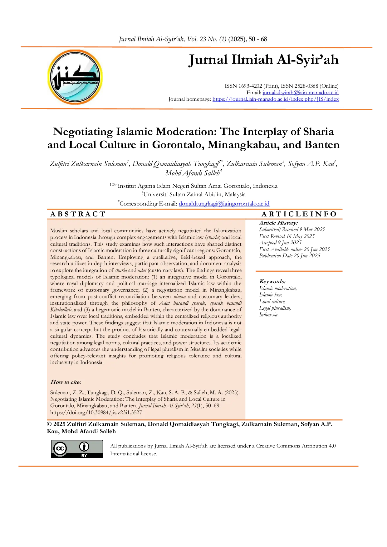 JURIS Negotiating Islamic Moderation The Interplay of Sharia and Local Culture in Gorontalo Minangkabau and Banten