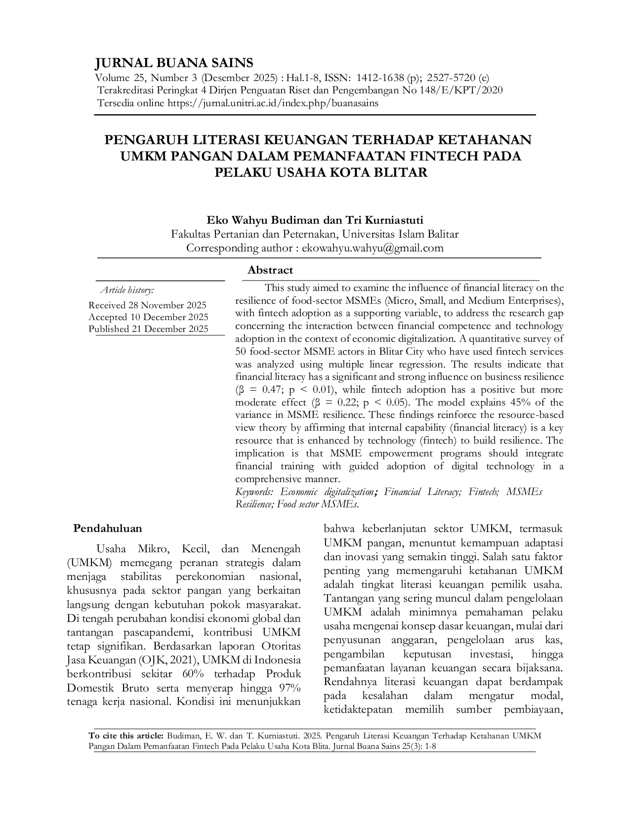 JURIS Pengaruh Literasi Keuangan Terhadap Ketahanan UMKM Pangan Dalam Pemanfaatan Fintech Pada Pelaku Usaha Kota Blitar