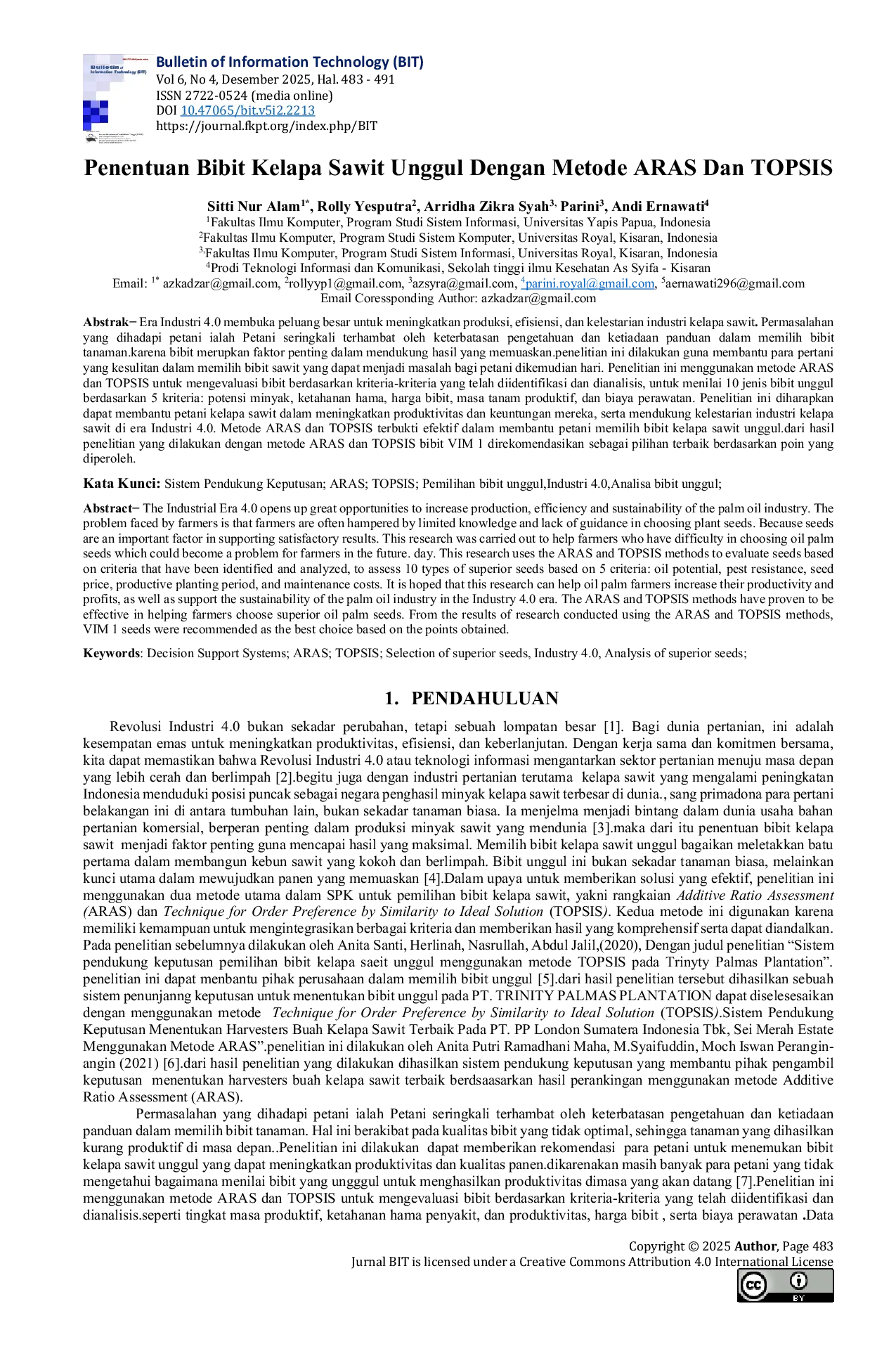 JURIS Penentuan Bibit Kelapa Sawit Unggul Dengan Metode ARAS Dan TOPSIS
