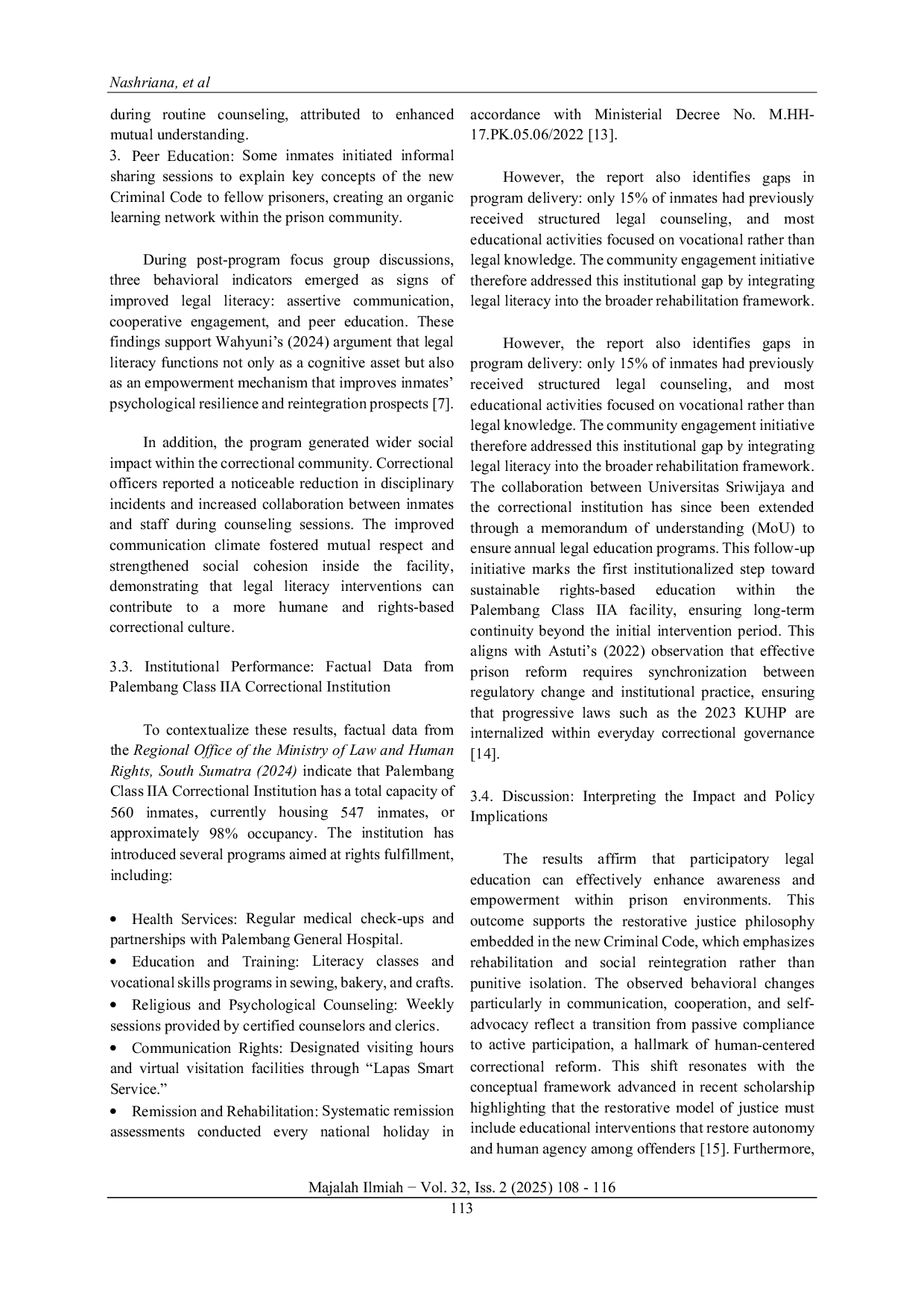 JURIS Protection and Fulfillment of Women Prisoners Rights under Indonesia s Law No 1 of 2023 A Case Study at Lapas Perempuan Kelas IIA Palembang