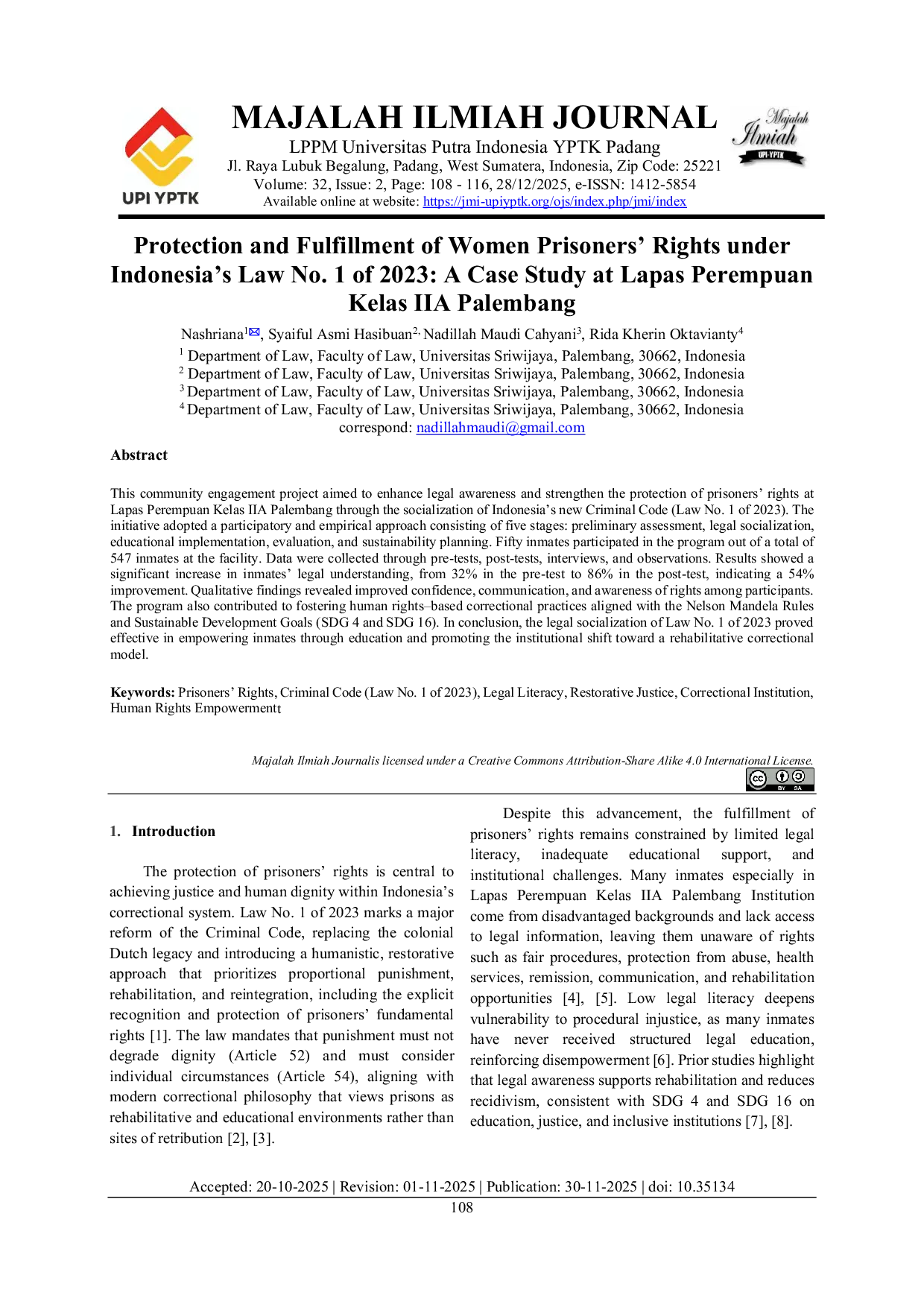 JURIS Protection and Fulfillment of Women Prisoners Rights under Indonesia s Law No 1 of 2023 A Case Study at Lapas Perempuan Kelas IIA Palembang