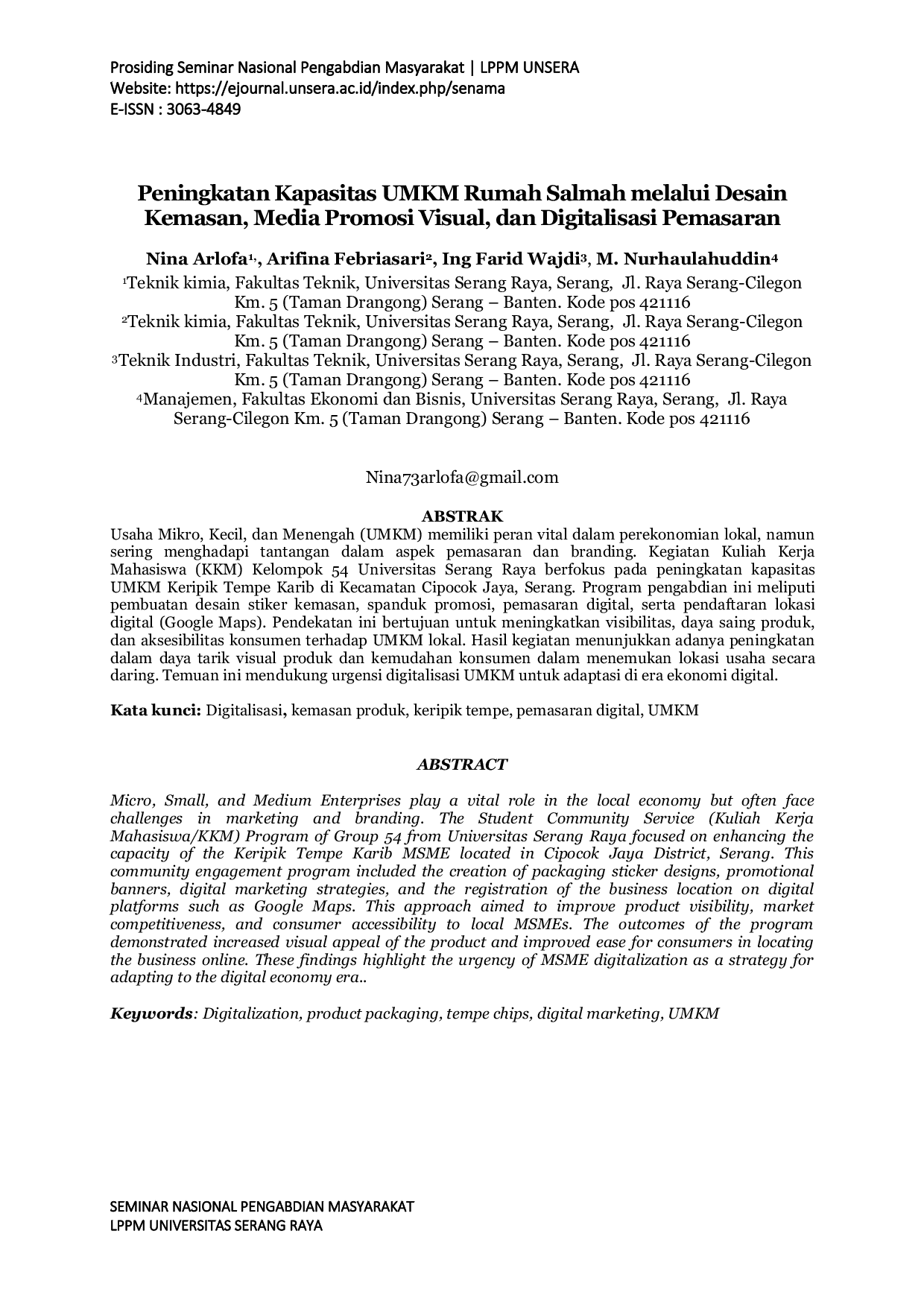 JURIS Peningkatan Kapasitas UMKM Rumah Salmah Melalui Desain Kemasan Media Promosi Visual dan Digitalisasi Pemasaran