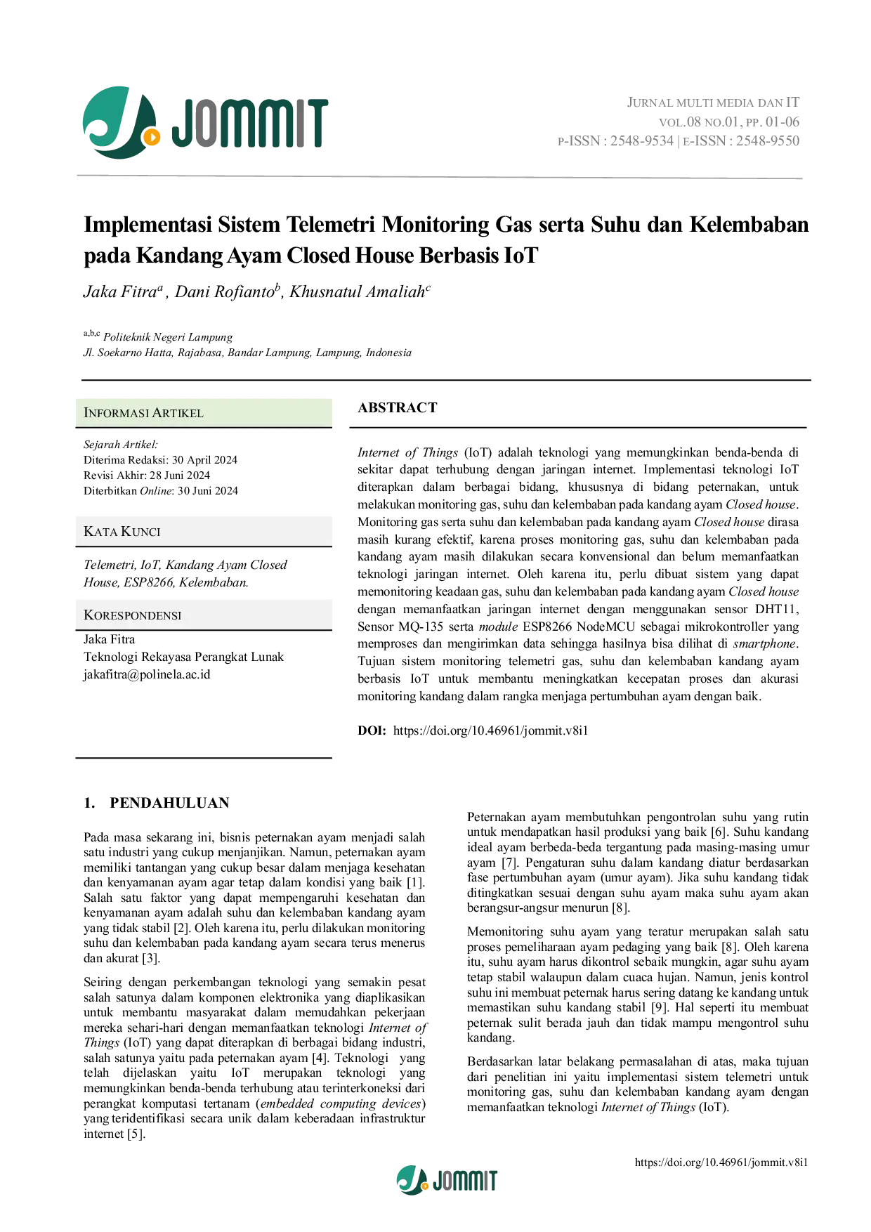 JURIS Implementasi Sistem Telemetri Monitoring Gas serta Suhu dan Kelembaban Pada Kandang Ayam Closed House Berbasis IoT