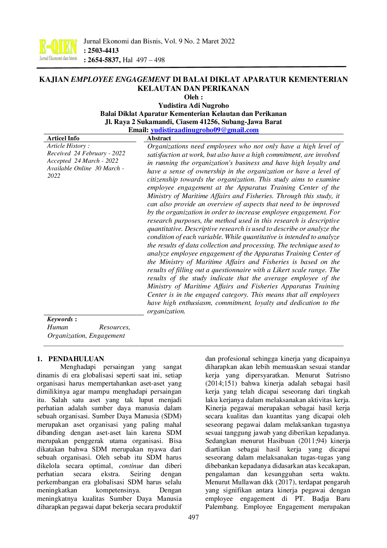 JURIS Kajian Employee Engagement Di Balai Diklat Aparatur Kementerian Kelautan Dan Perikanan