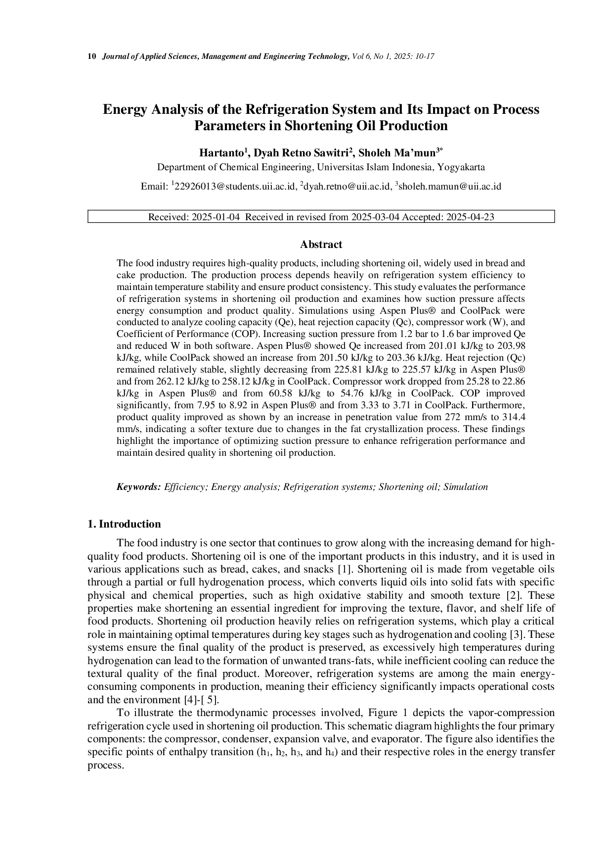 JURIS Energy Analysis of the Refrigeration System and Its Impact on Process Parameter in Shortening Oil Production