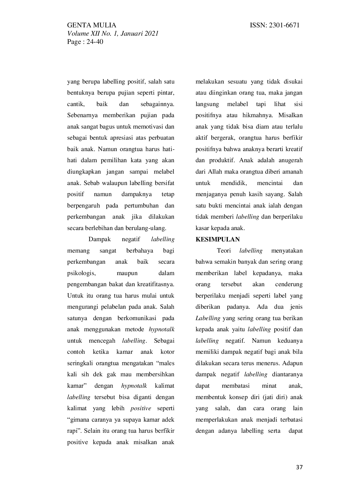 JURIS Loving Not Labelling Dampak Negatif Labelling Terhadap Perkembangan Bakat dan Kreatif Anak