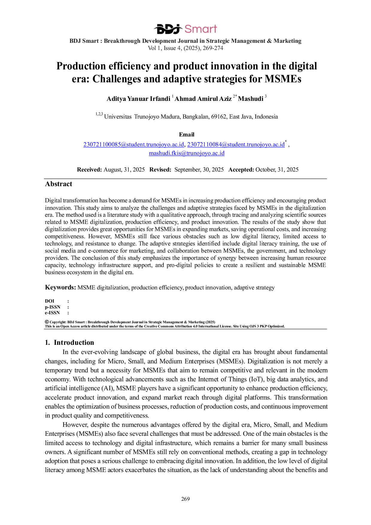 JURIS Production efficiency and product innovation in the digital era Challenges and adaptive strategies for MSMEs