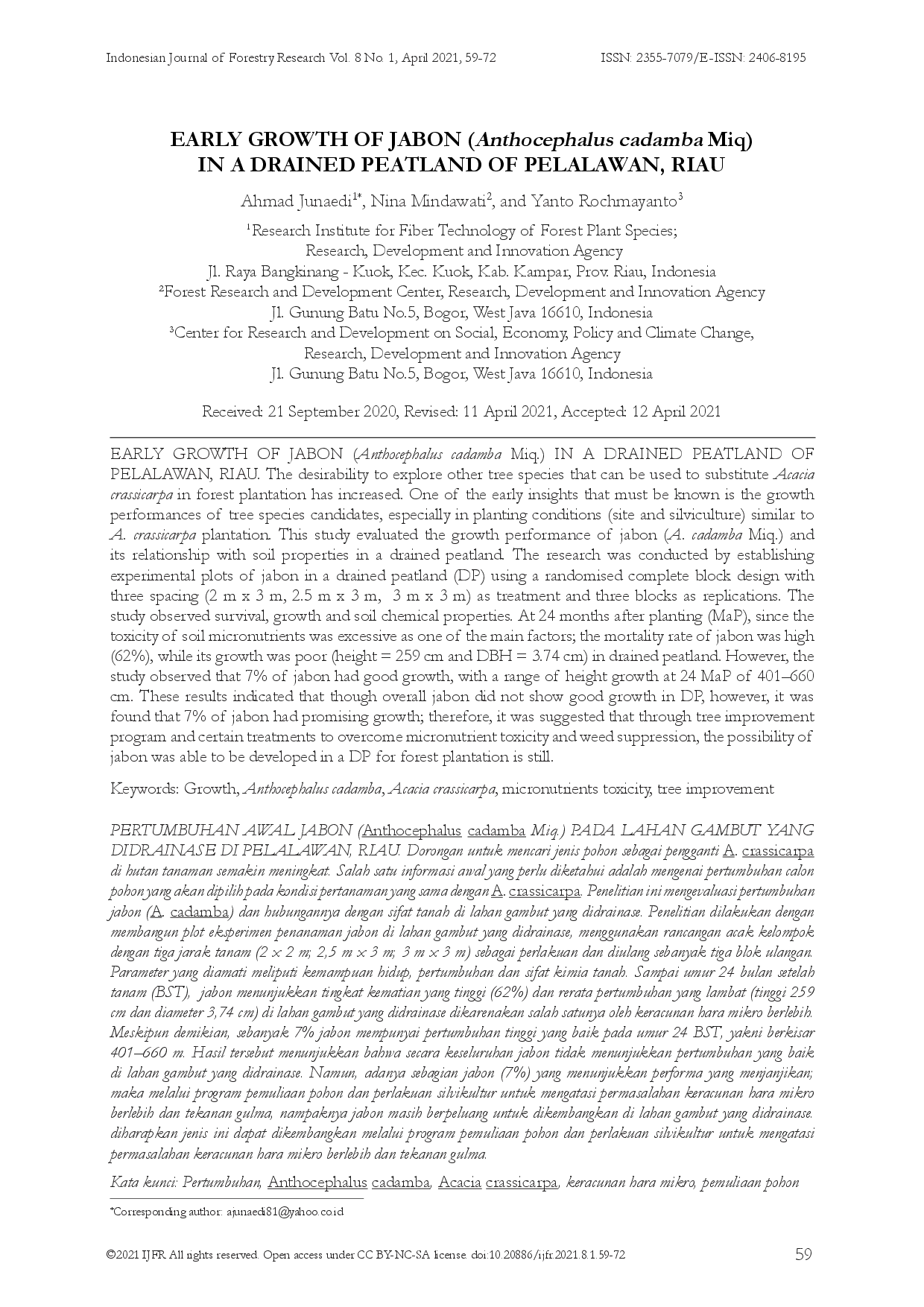 juris EARLY GROWTH OF JABON Anthocephalus cadamba Miq IN A DRAINED PEATLAND OF PELALAWAN RIAU