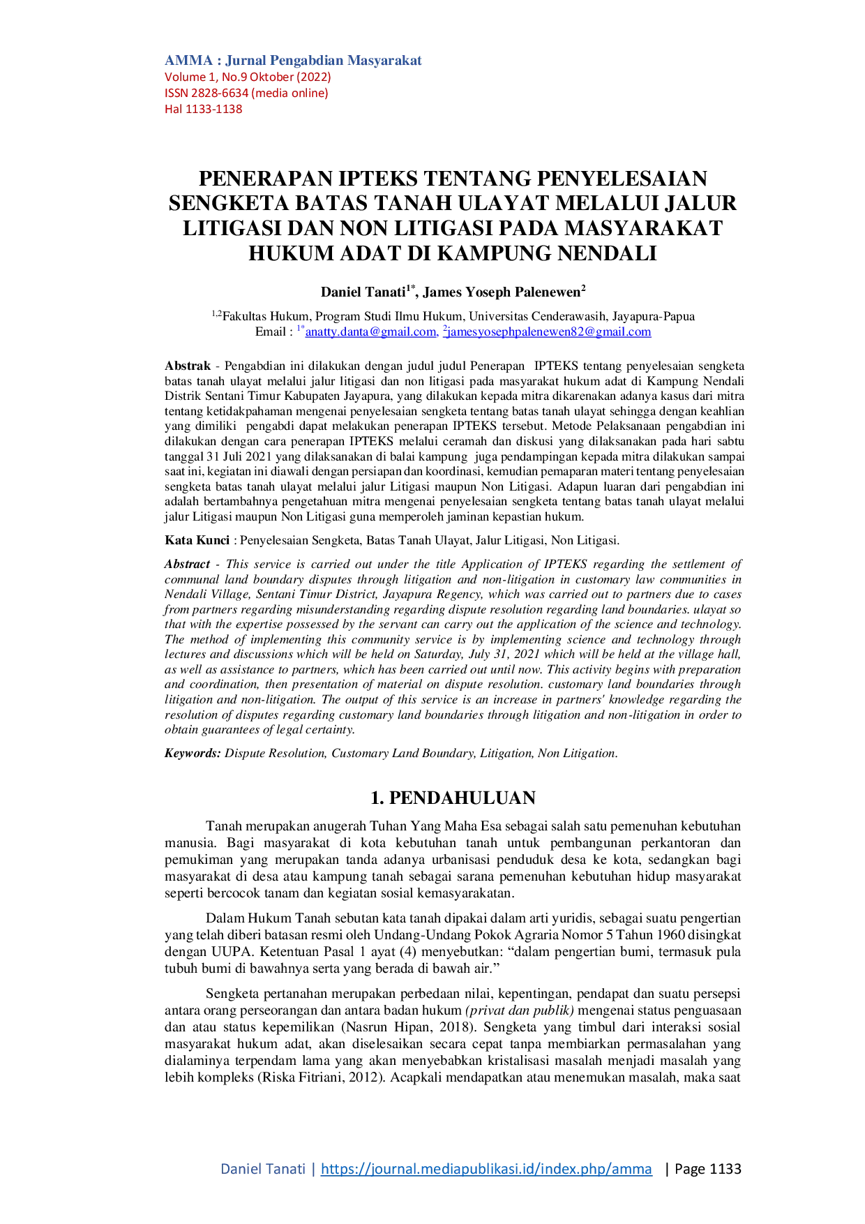 JURIS Penerapan IPTEKS Tentang Penyelesaian Sengketa Batas Tanah Ulayat Melalui Jalur Litigasi Dan Non Litigasi Pada Masyarakat Hukum Adat Di Kampung Nendali