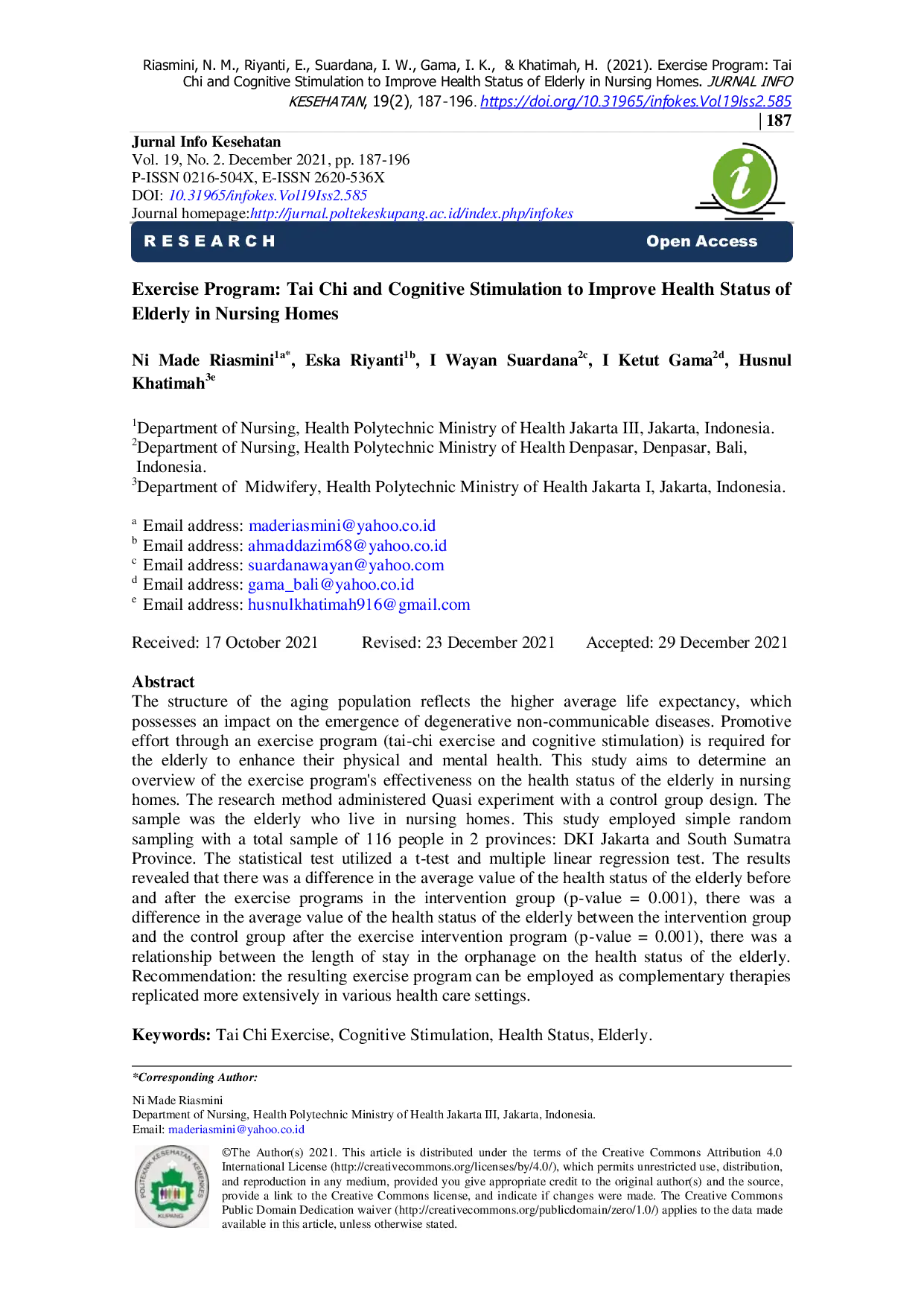 JURIS Exercise Program Tai Chi and Cognitive Stimulation to Improve Health Status of Elderly in Nursing Homes